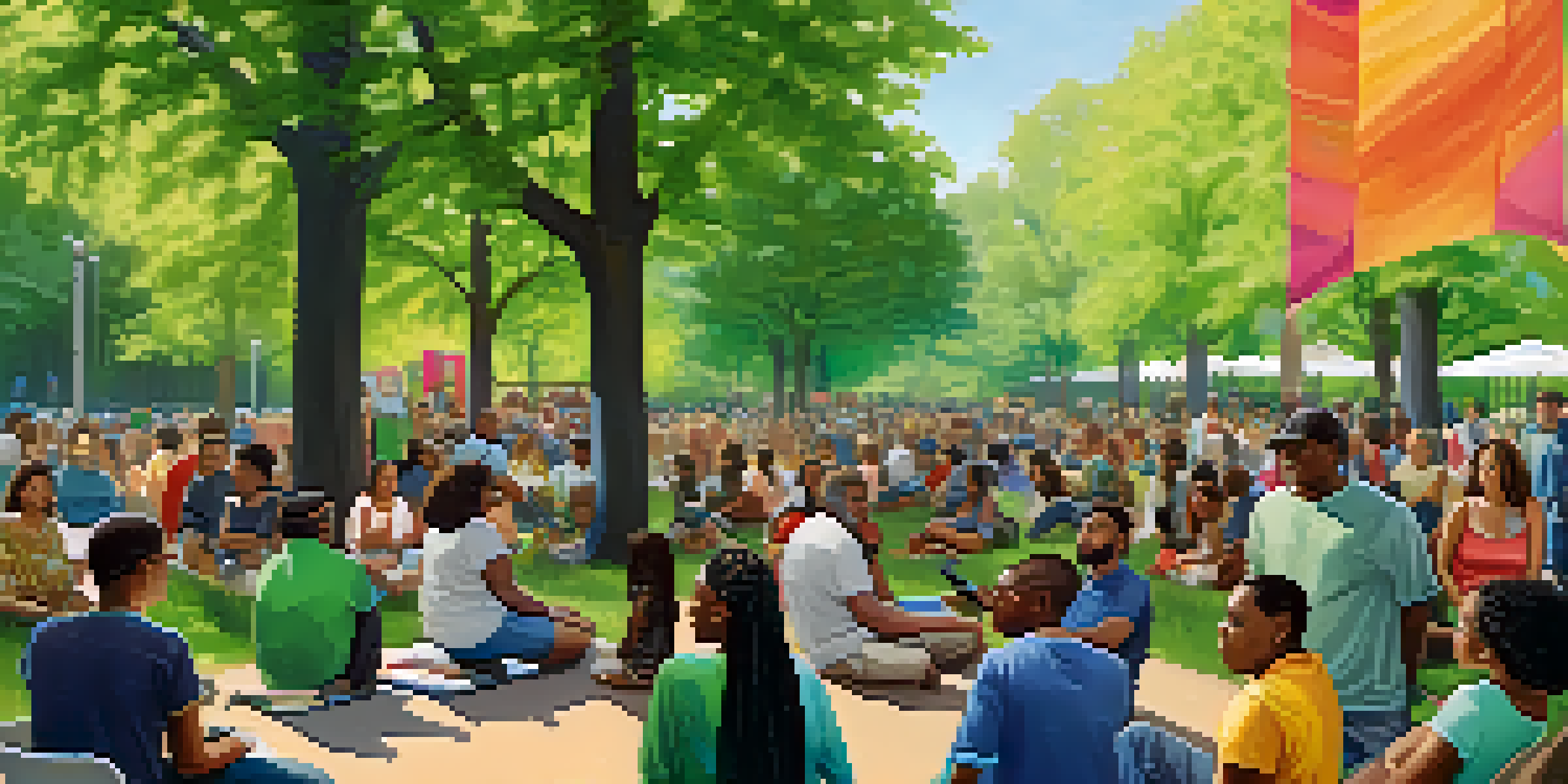 A diverse group of New Yorkers holding a community meeting in a park, surrounded by trees and colorful banners, with laptops and tablets.
