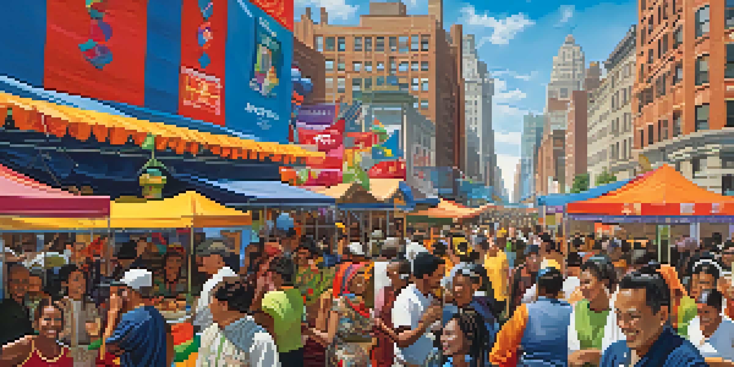 A lively New York City cultural festival with diverse participants in traditional attire, surrounded by food stalls and iconic NYC landmarks.