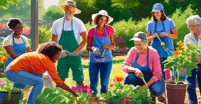 A diverse group of volunteers working together in a community garden, planting flowers and vegetables under bright sunlight.