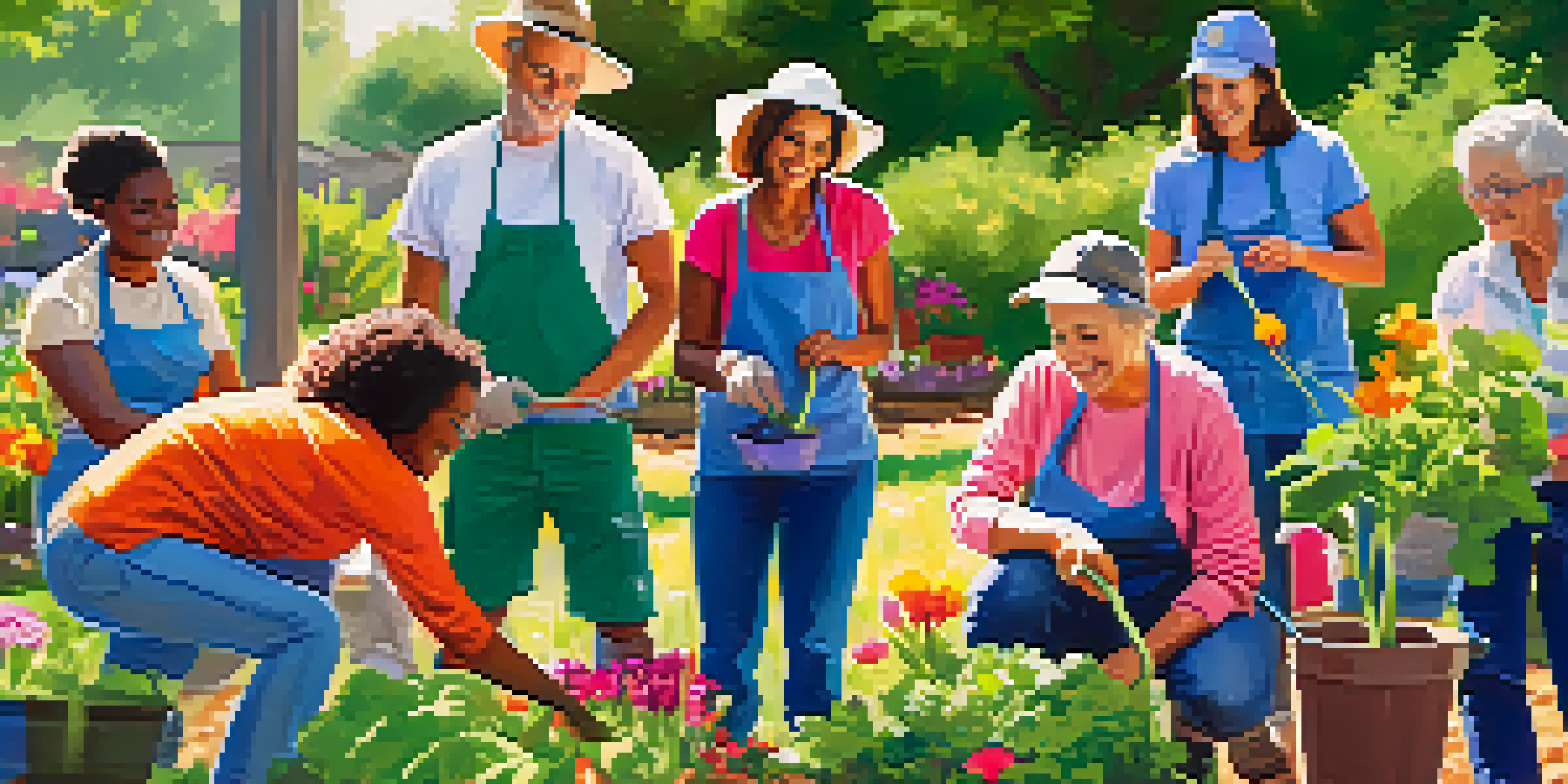 A diverse group of volunteers working together in a community garden, planting flowers and vegetables under bright sunlight.