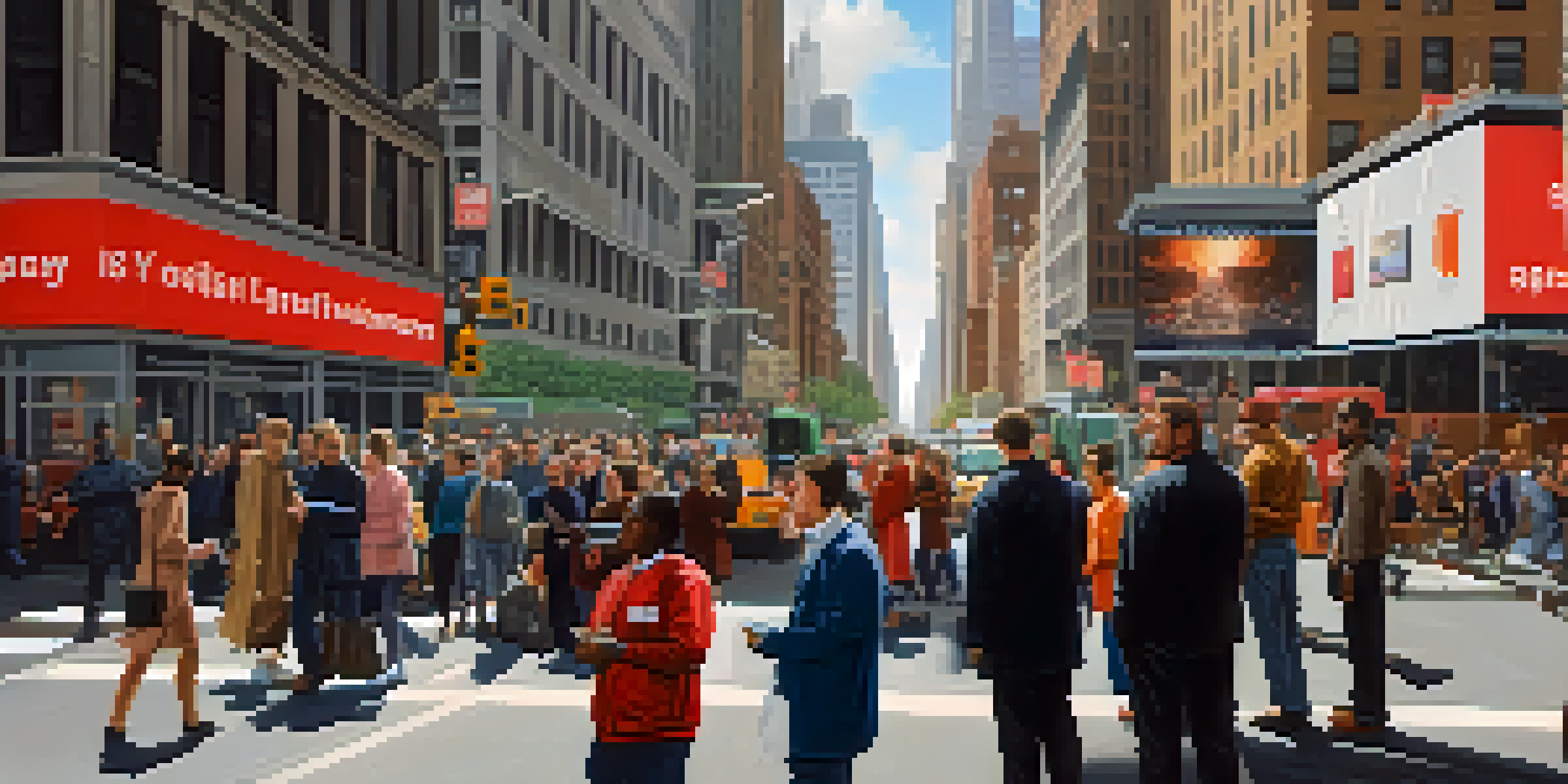 A diverse group of people in New York City following emergency protocols, with digital screens showing safety messages and the skyline in the background.