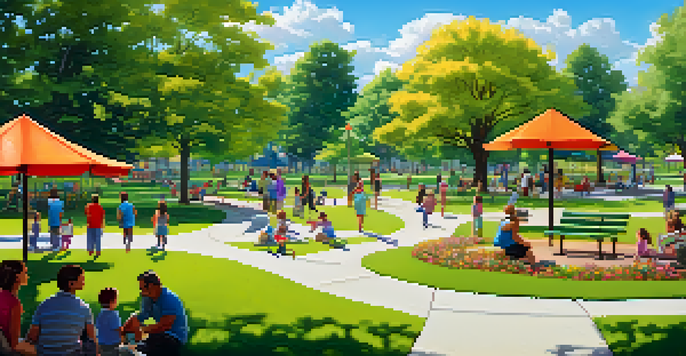 Families enjoying a sunny day at a community park with children playing on a playground and parents relaxing on picnic blankets.