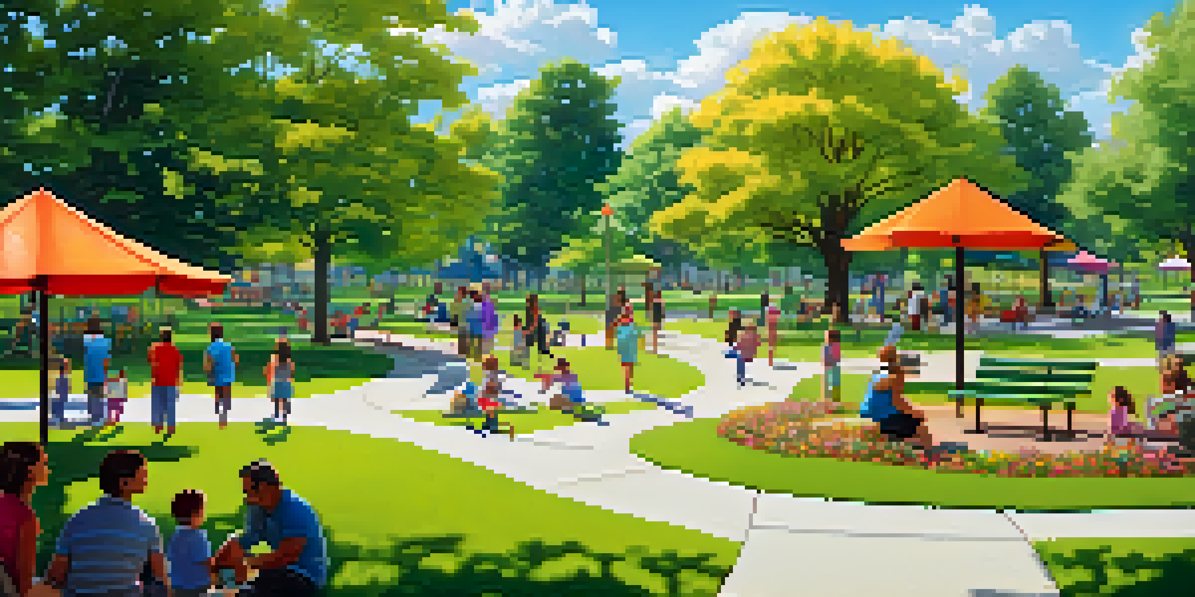 Families enjoying a sunny day at a community park with children playing on a playground and parents relaxing on picnic blankets.