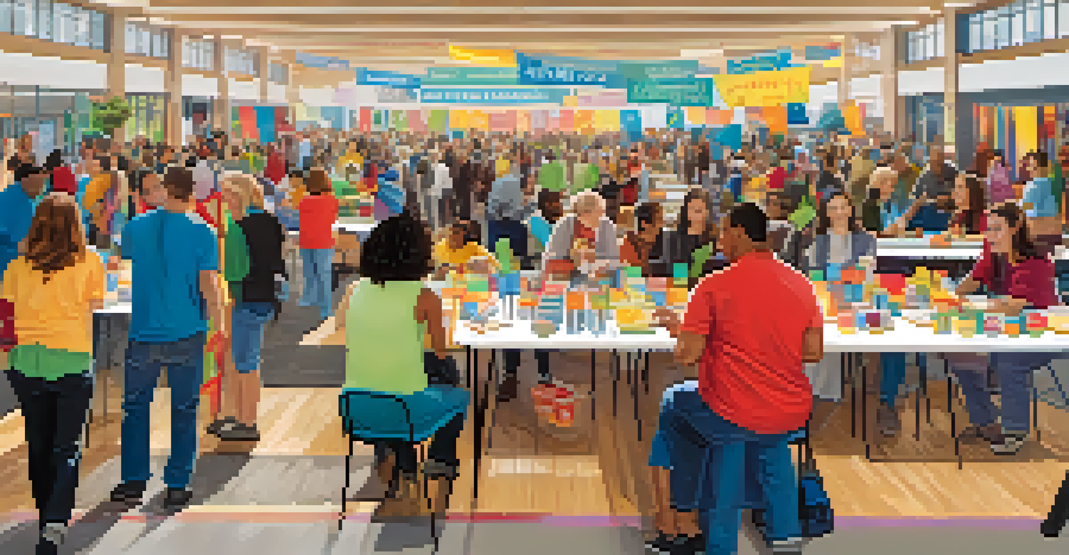 A lively volunteer fair at a community center in NYC, with colorful tables and banners, showcasing various nonprofit organizations and enthusiastic attendees.