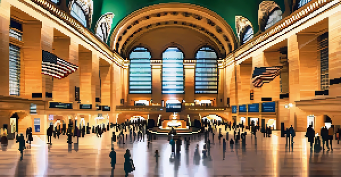 A busy interior of Grand Central Terminal with commuters, chandeliers, and sunlight streaming through windows.