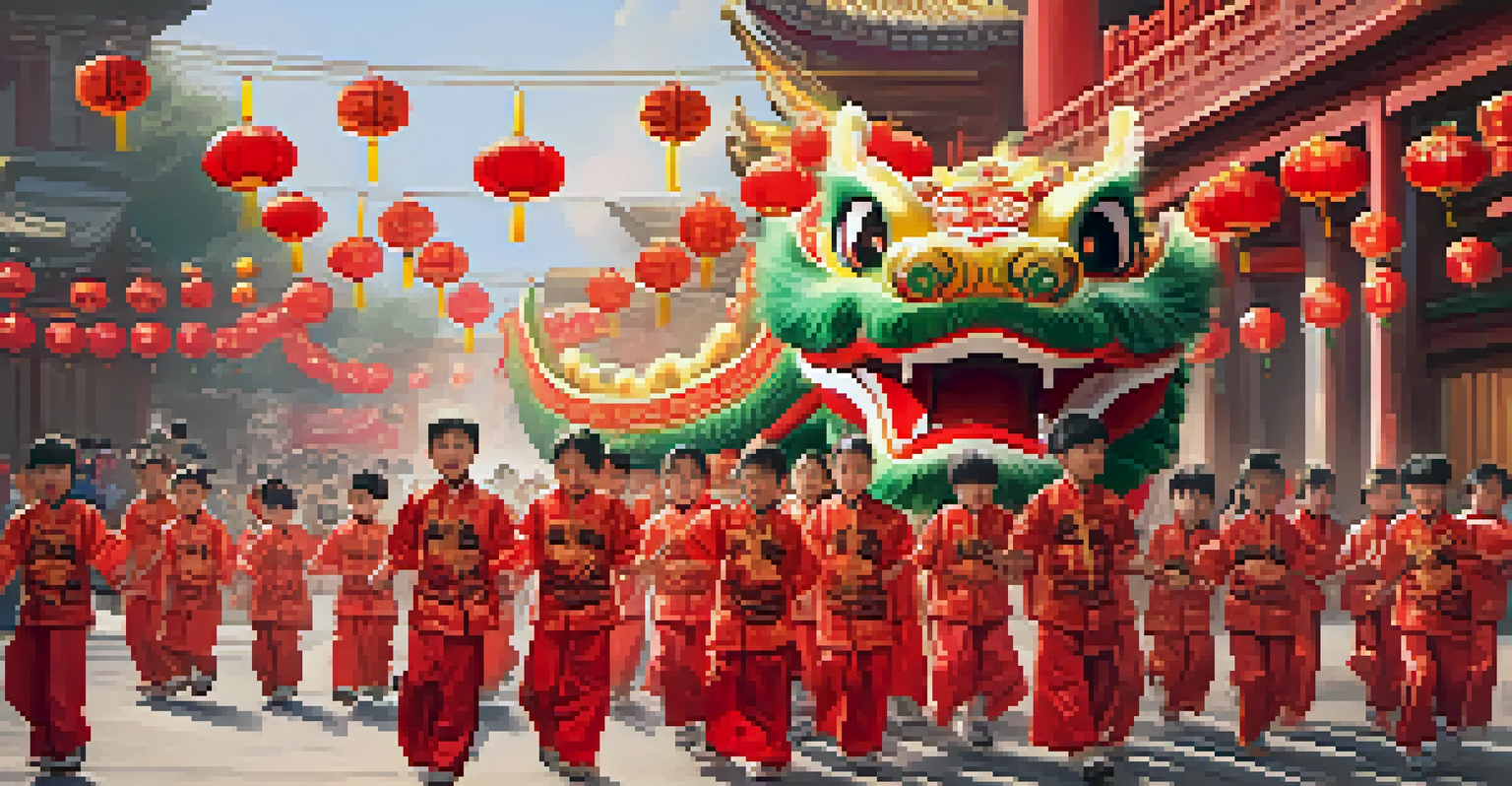 Children in traditional costumes performing a dragon dance during the Lunar New Year Parade, with a decorated float in the background.