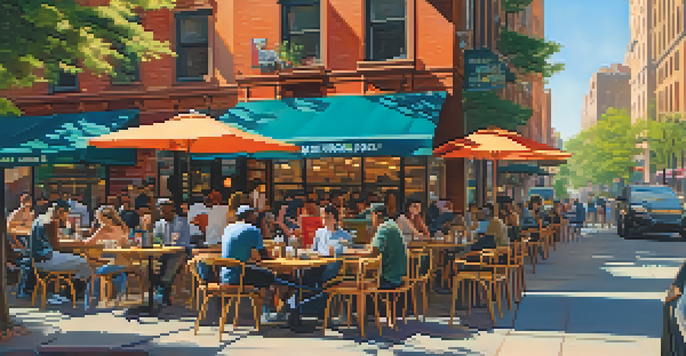 A lively café scene in New York City with diverse individuals working on laptops outdoors, surrounded by colorful street art and warm sunlight.
