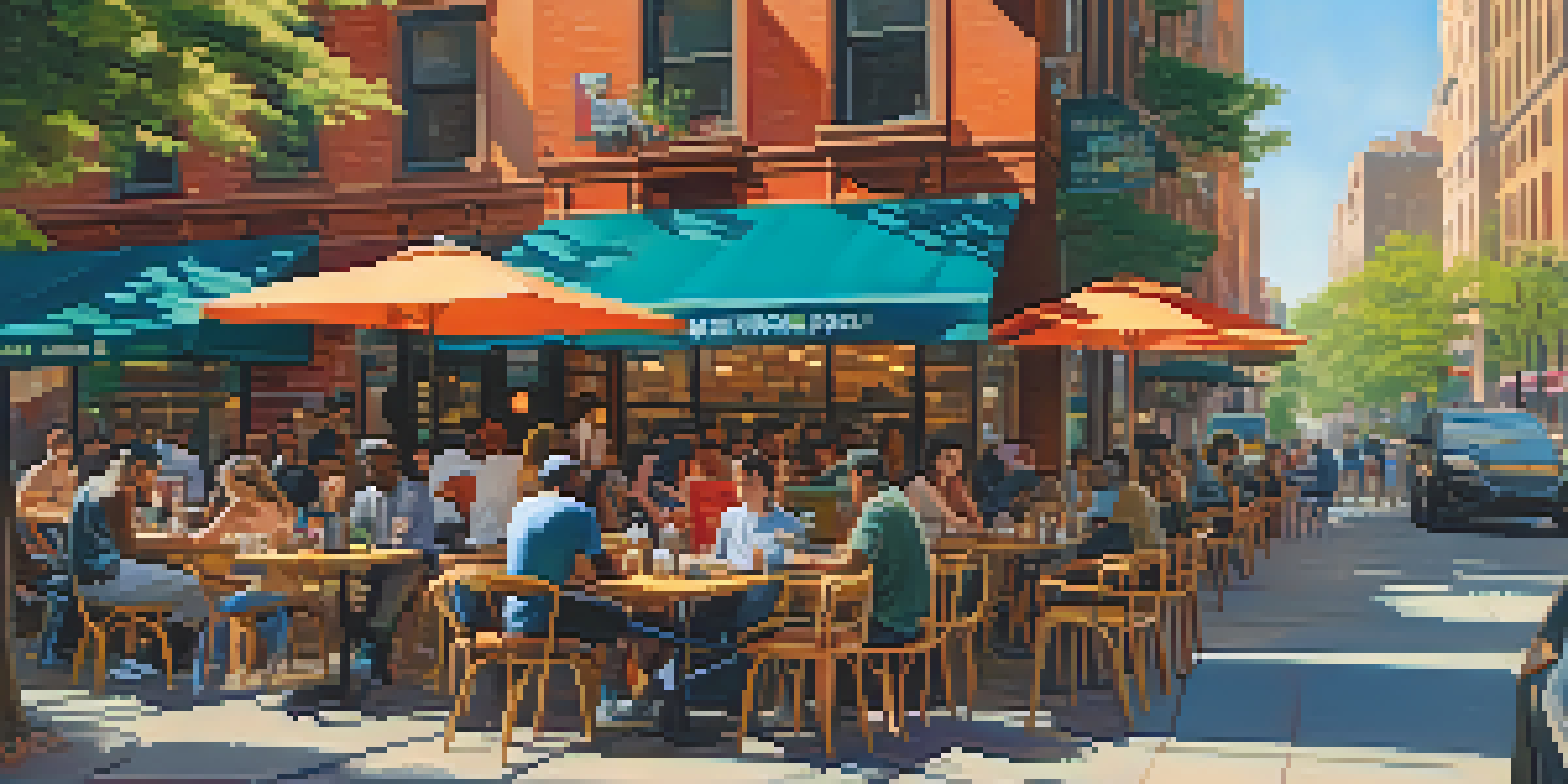 A lively café scene in New York City with diverse individuals working on laptops outdoors, surrounded by colorful street art and warm sunlight.