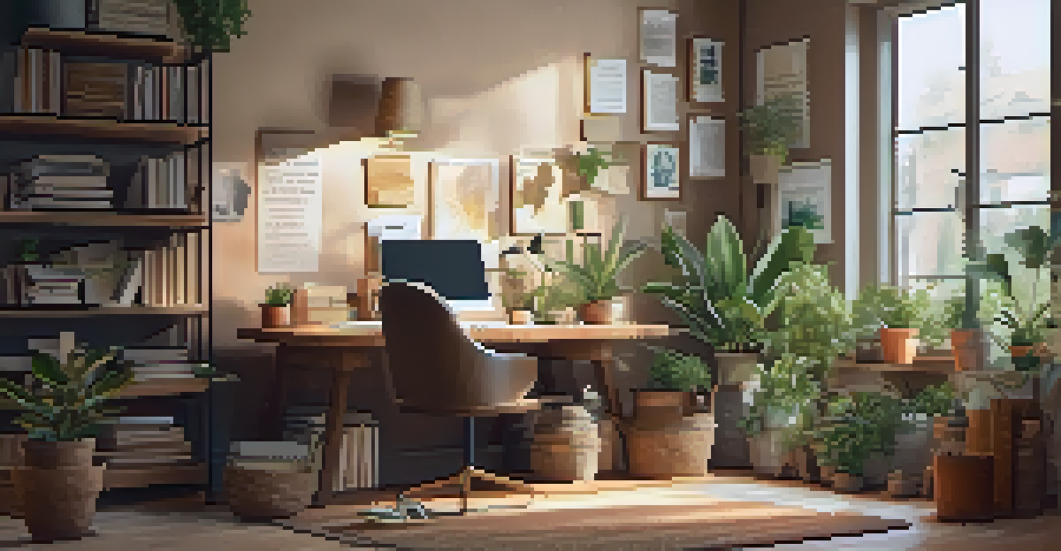 A cozy home office with a laptop, plants, and a cup of tea, illuminated by soft natural light.