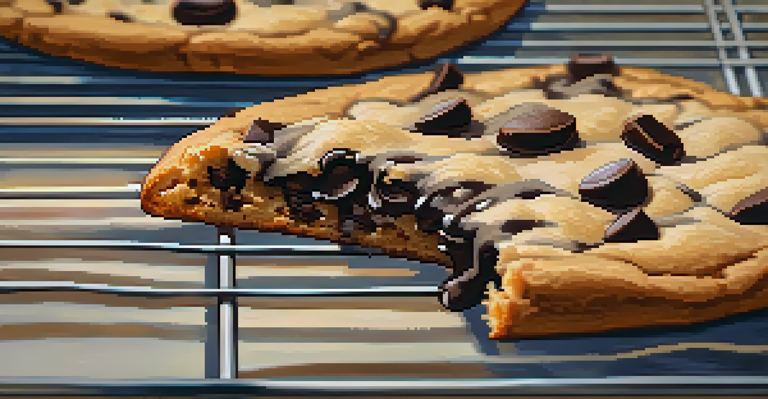 A close-up of a warm chocolate chip cookie with melting chocolate chunks.
