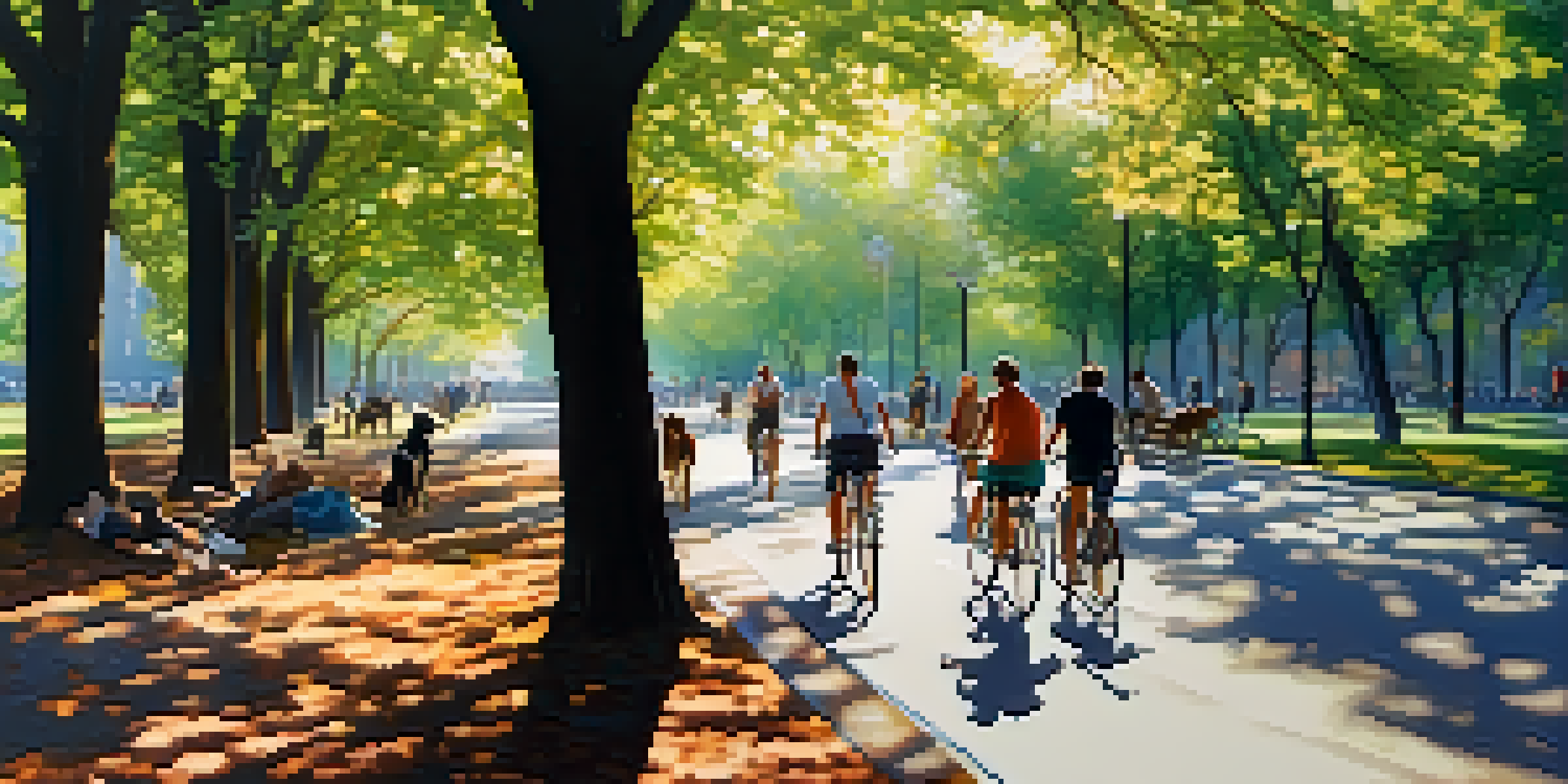 A peaceful park scene in New York City with cyclists riding along a tree-lined path and people enjoying the outdoors.