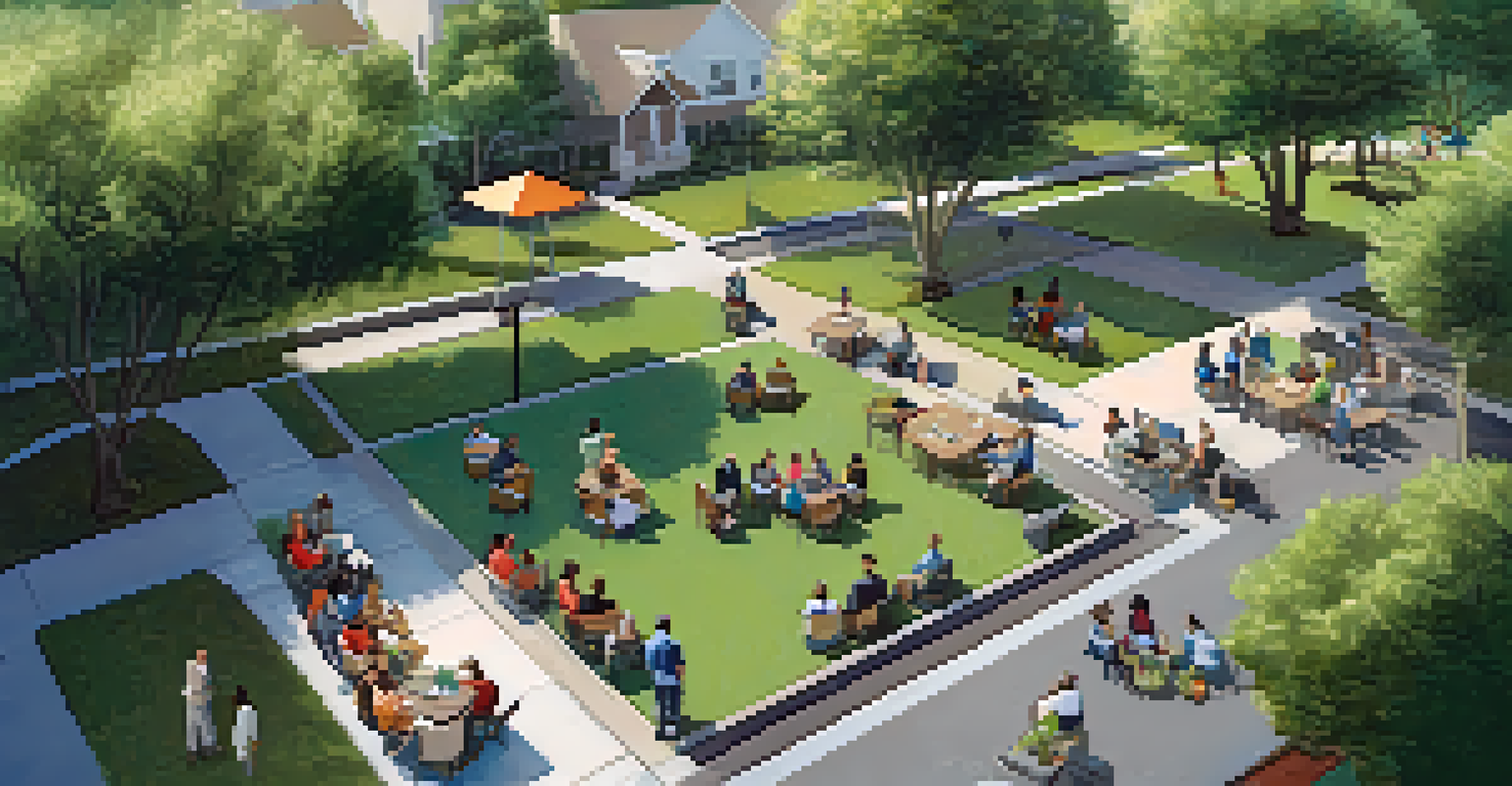 Aerial view of a community meeting in a park discussing flood mitigation strategies, with people gathered around a table.