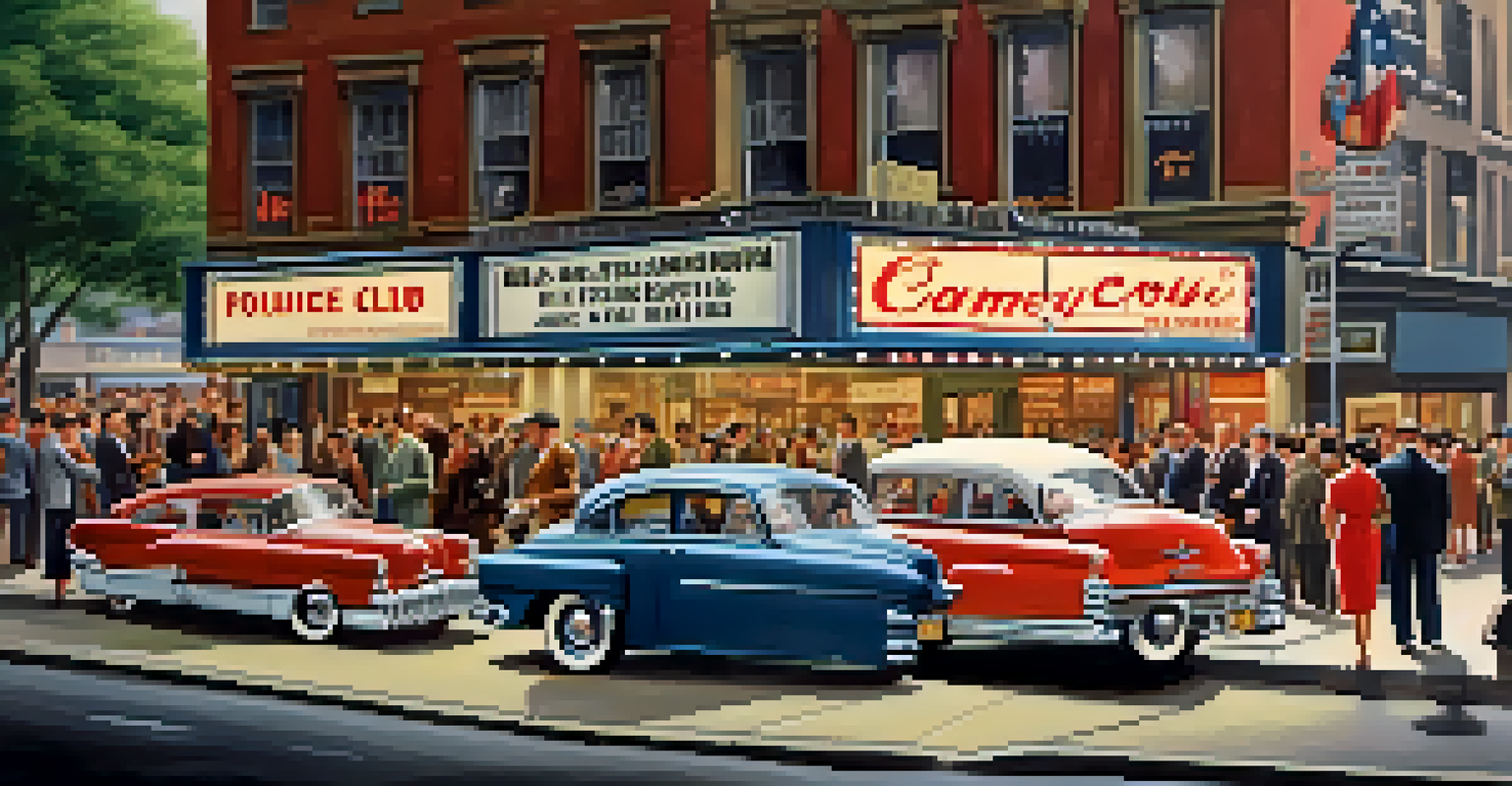 A vibrant 1950s NYC street scene featuring a comedy club, with patrons dressed in vintage clothing and a performer on stage.