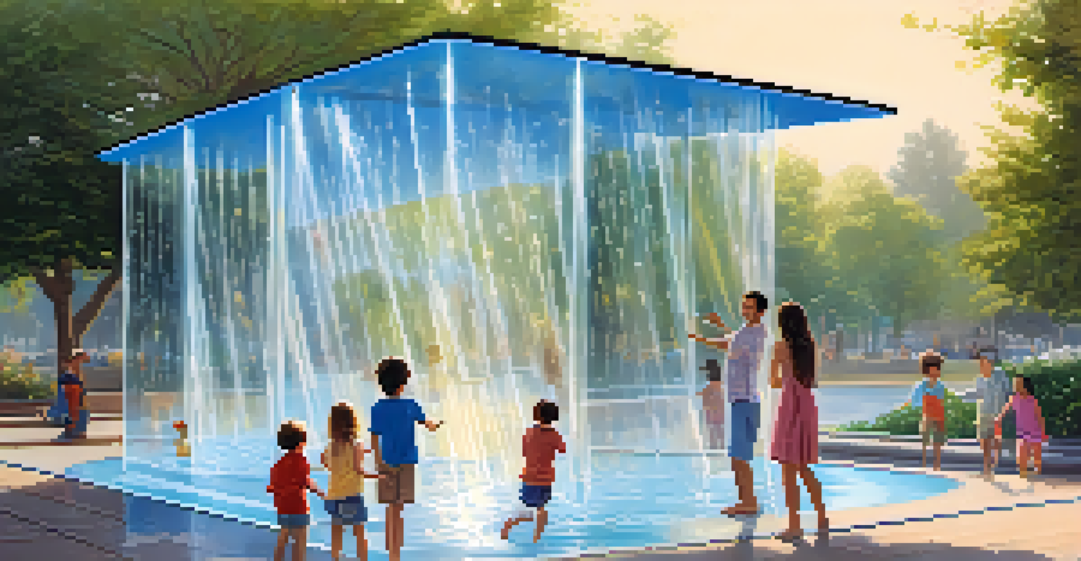 A family enjoying a digital water pavilion, with children playing in flowing water and city buildings in the background.