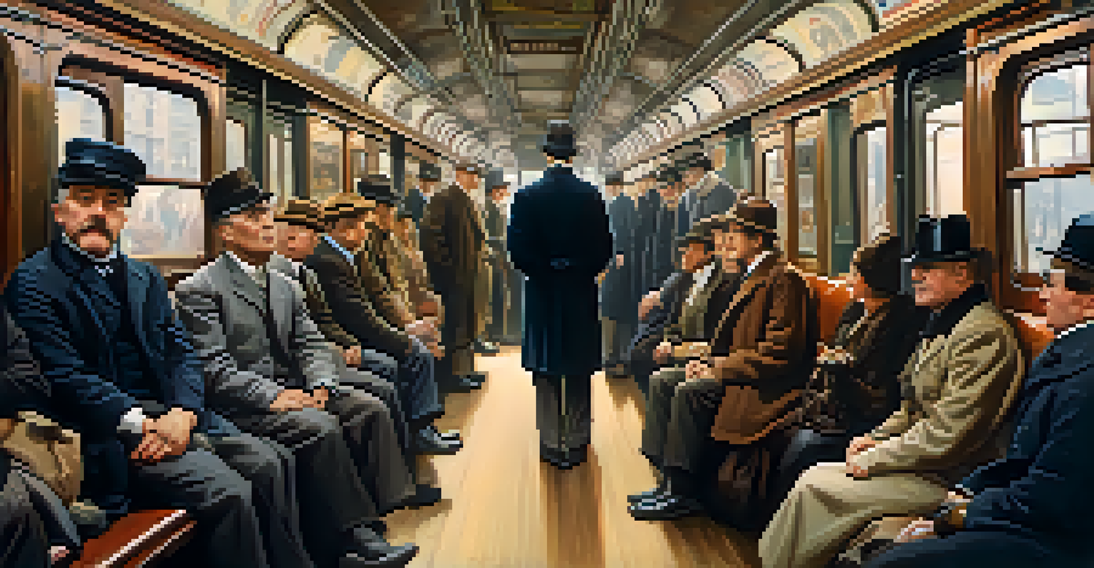 Interior view of a 1904 subway car with diverse passengers, vintage advertisements, and tunnel in the background, depicting the excitement of early subway travel.
