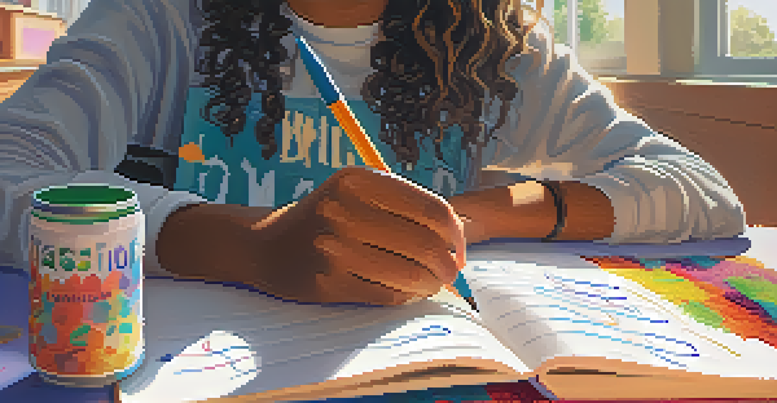 A student's hands writing in a notebook in a bright classroom dedicated to mental health education, with uplifting posters on the walls.