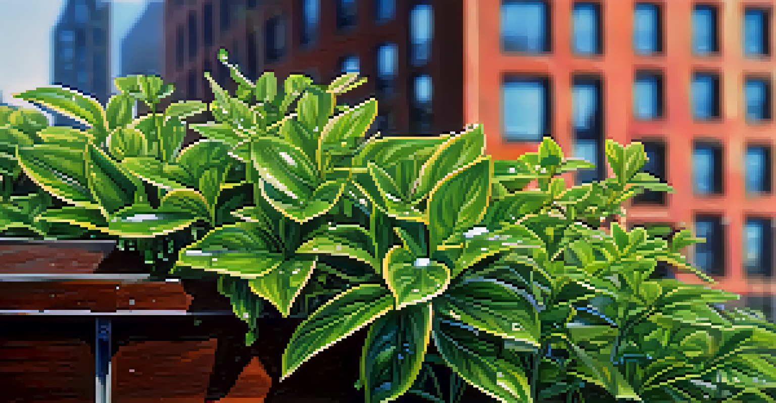 A detailed close-up of a native plant on the High Line, with morning dew glistening and urban buildings in the background.