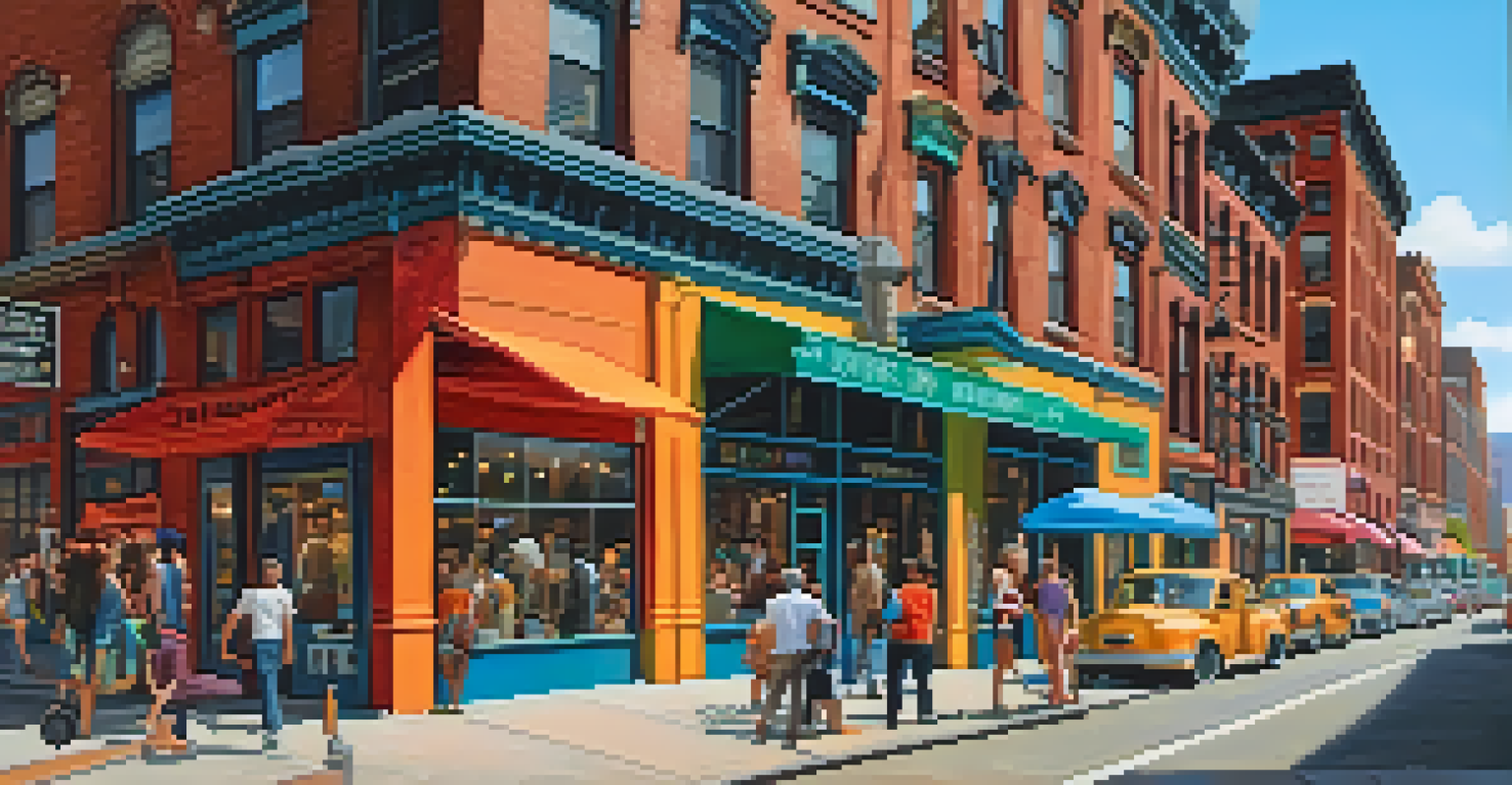A lively street in Brooklyn's Dumbo, featuring historic buildings, art galleries, and vibrant street life with a view of the Manhattan skyline.