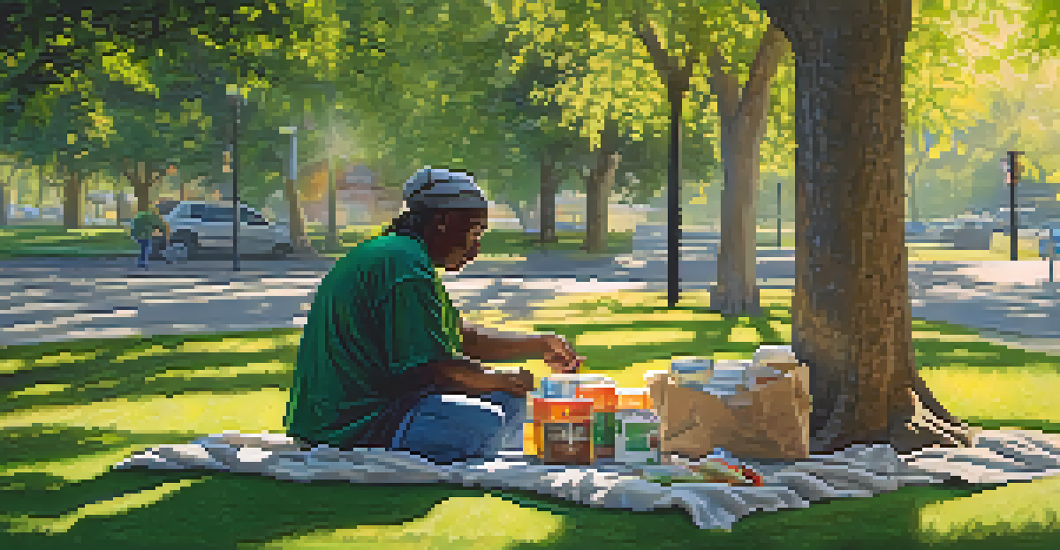 A volunteer giving food and supplies to a homeless person in a sunlit park.