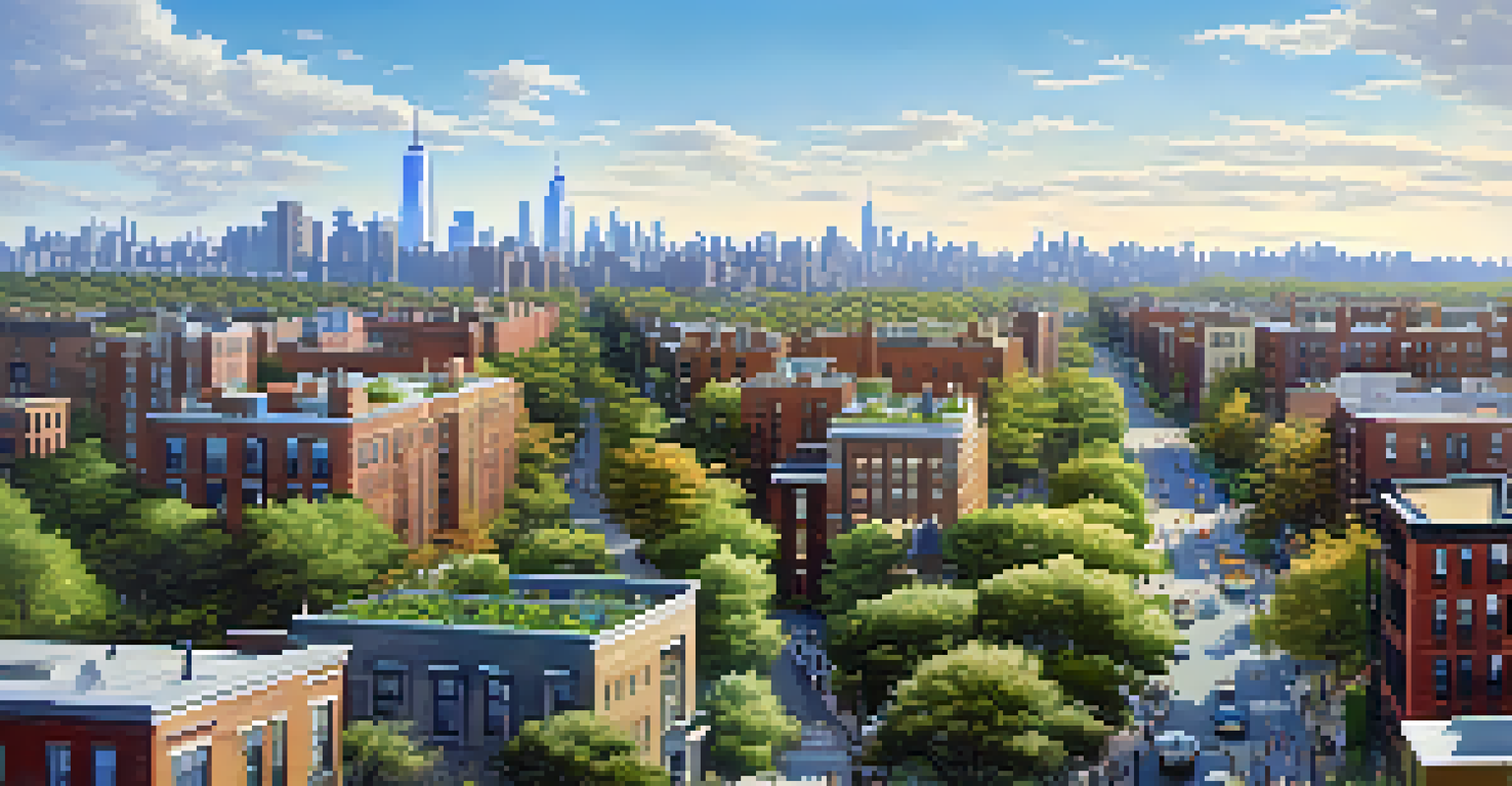 Aerial view of a mixed-use neighborhood in New York City, showing residential buildings and green parks under a clear blue sky.