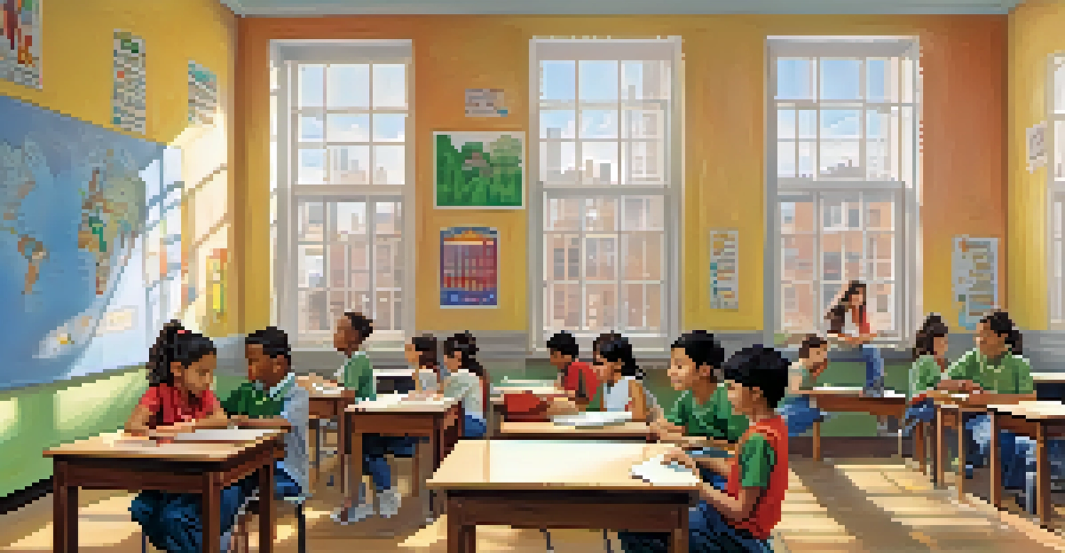 A classroom in New York City with students engaged in a bilingual education program, surrounded by language posters and natural light.