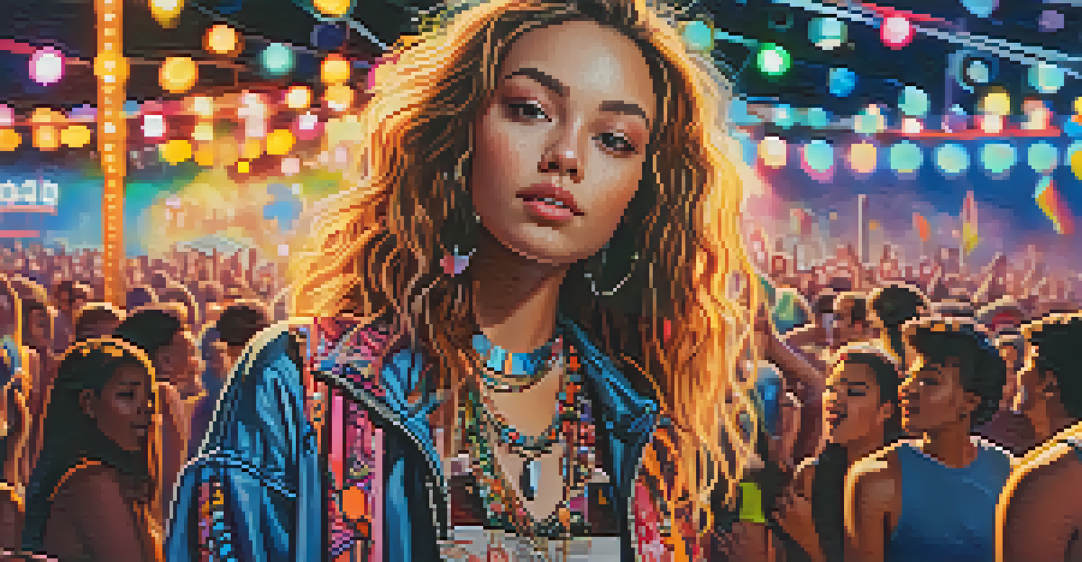 A young woman at a music festival wearing a unique outfit, surrounded by friends in colorful attire, with a lively stage in the background.
