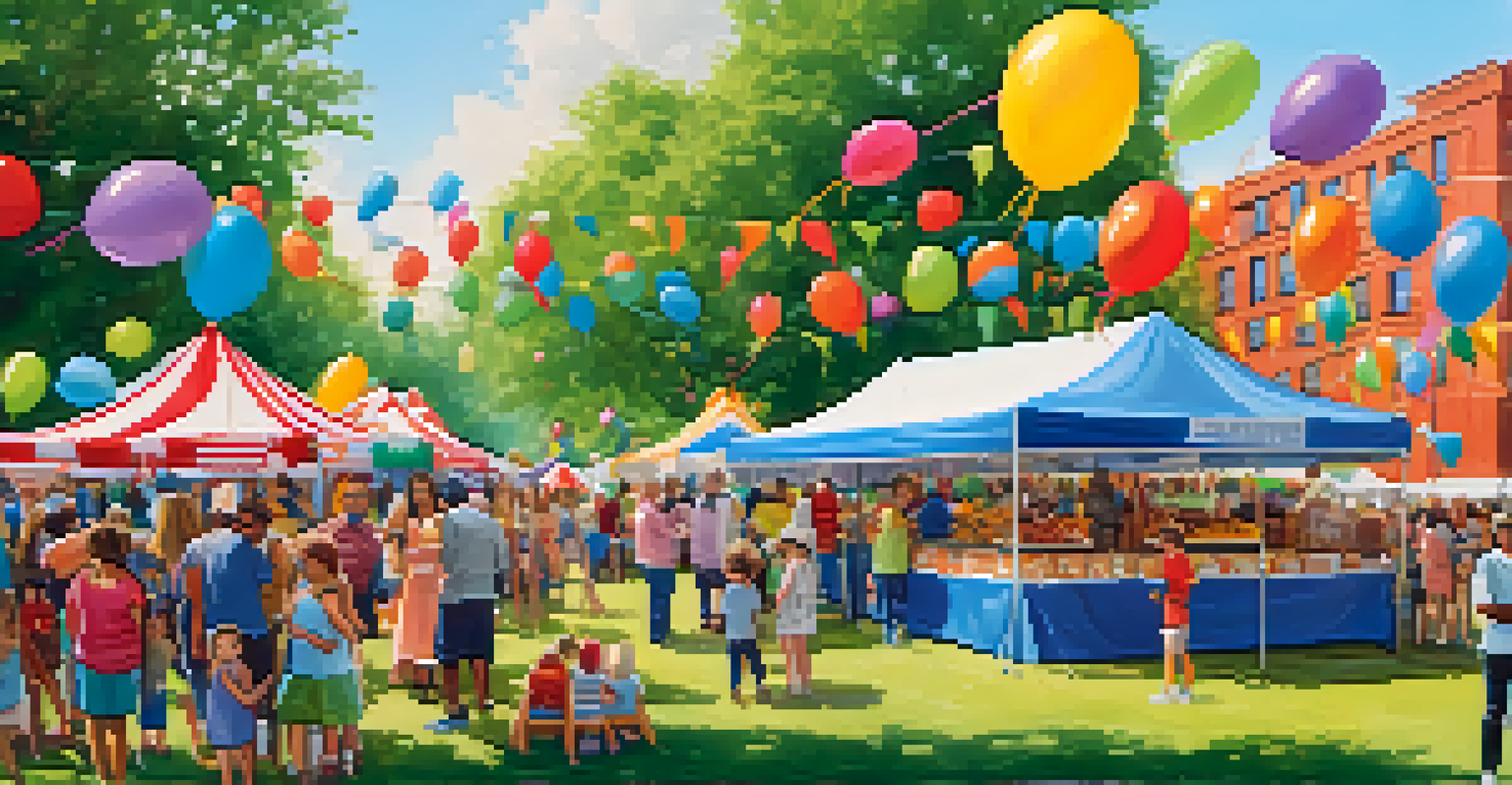 A lively community event in a park with vendors, families enjoying food, and children participating in activities.