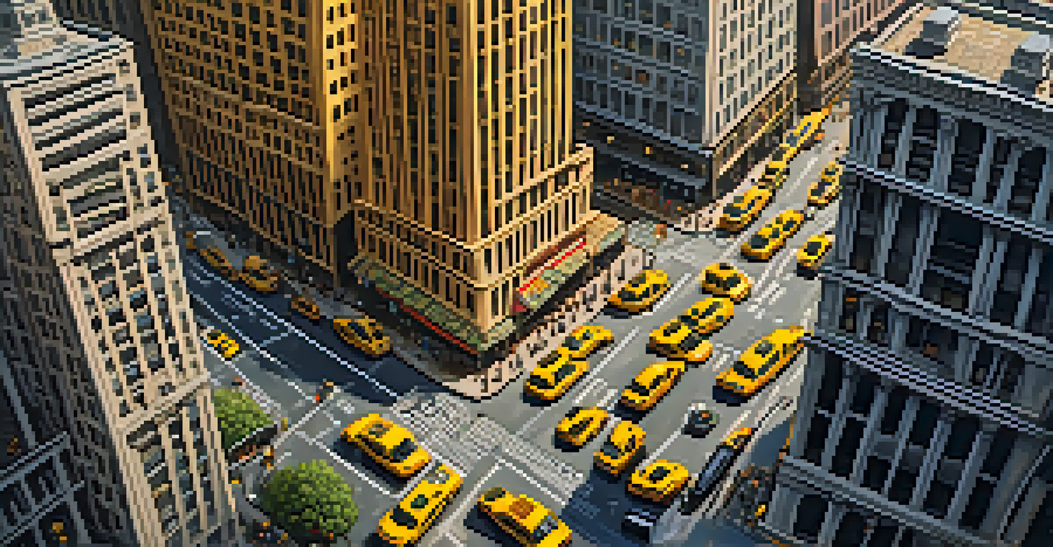 An aerial view of a busy New York City street with yellow taxis and buses under bright sunlight.
