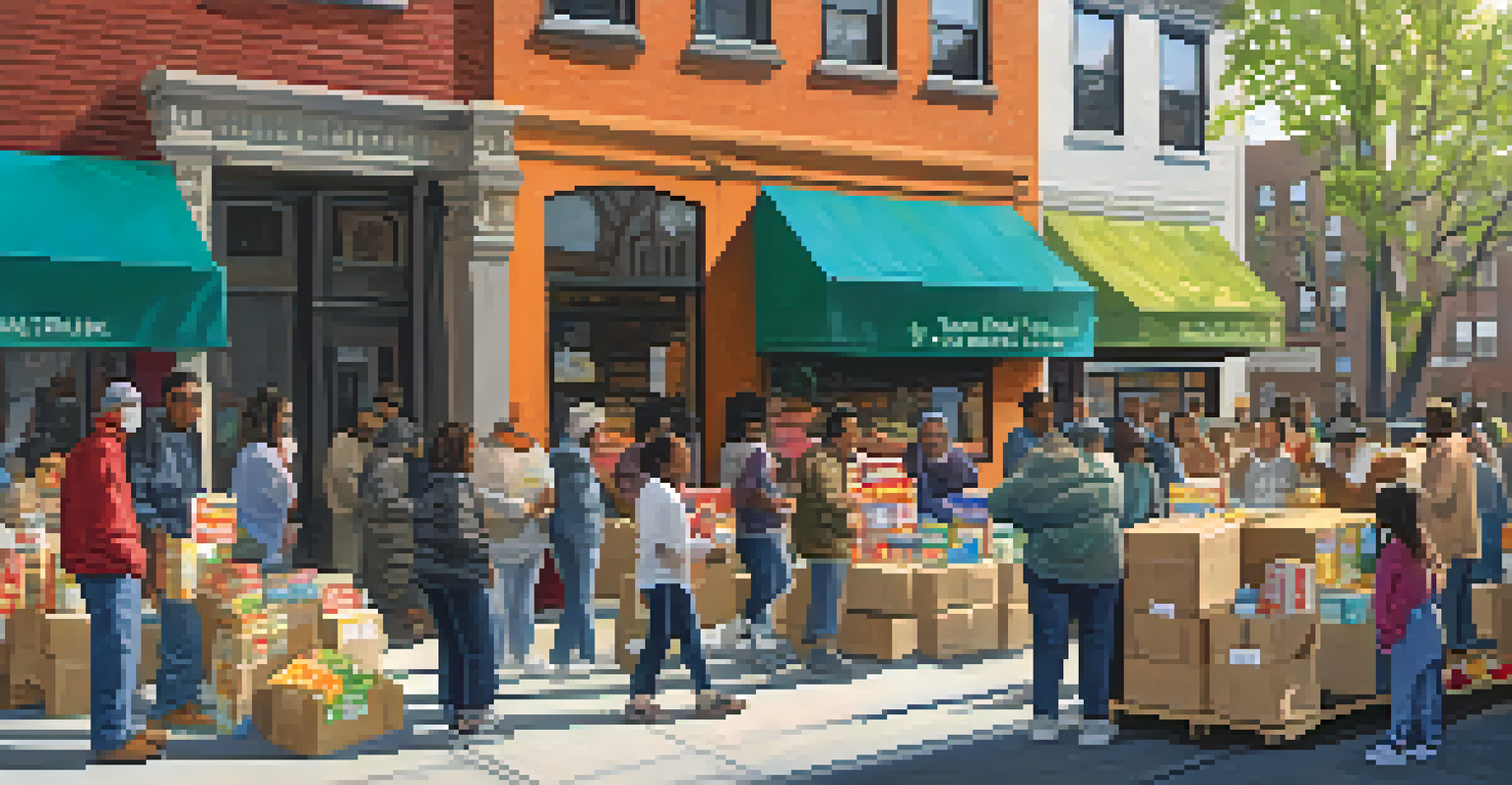 Volunteers distributing food packages at a community food drive in New York City, demonstrating community resilience during the pandemic.