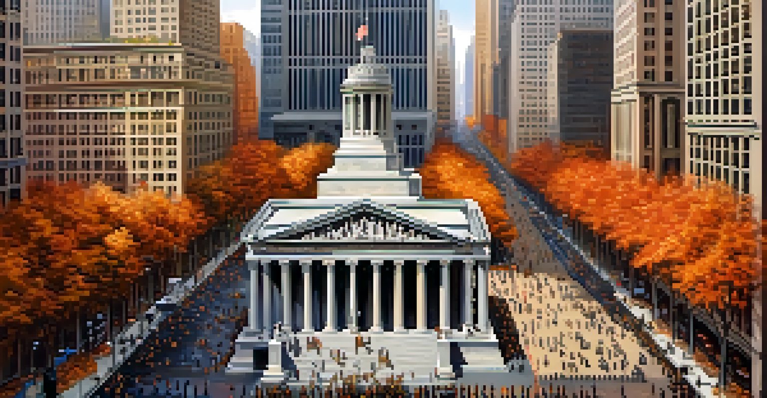 Aerial view of Wall Street in New York City with historic financial buildings and bustling streets filled with people.