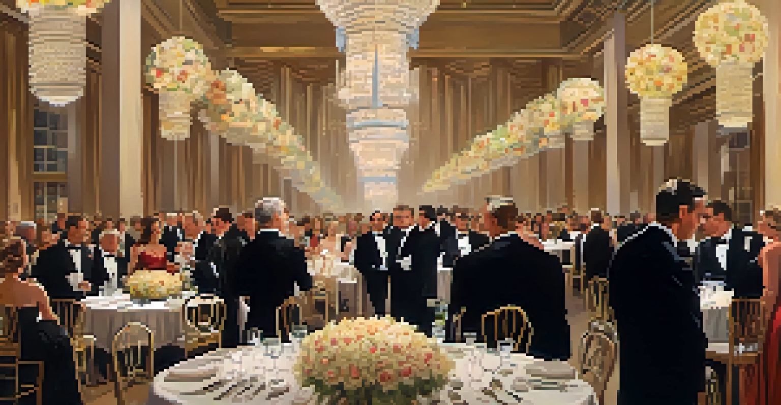 A formal fundraising gala in the 20th century, featuring attendees in elegant attire.