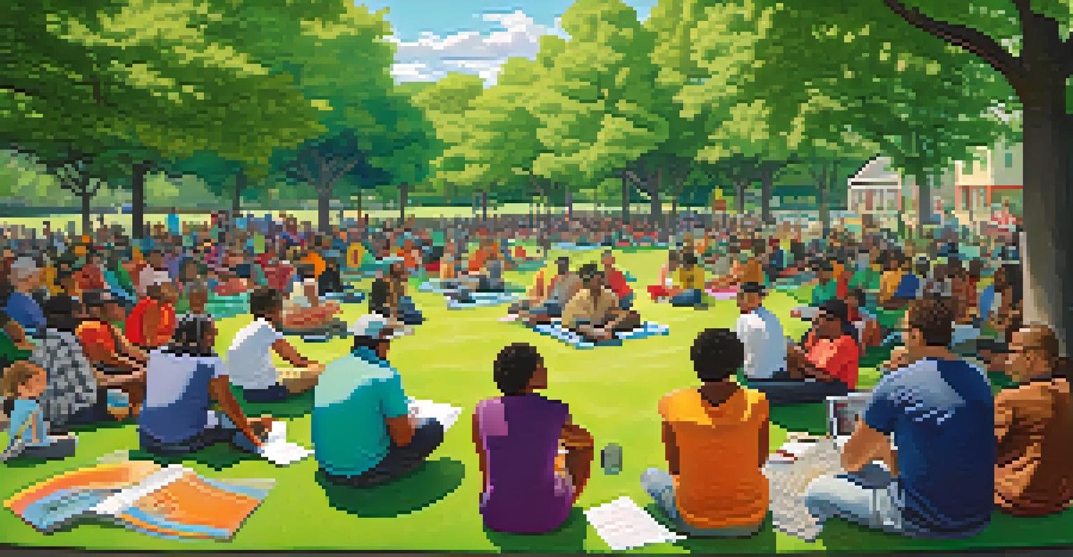 A community meeting in a park with residents discussing housing issues, seated in a circle on picnic blankets, surrounded by trees and a vibrant mural.