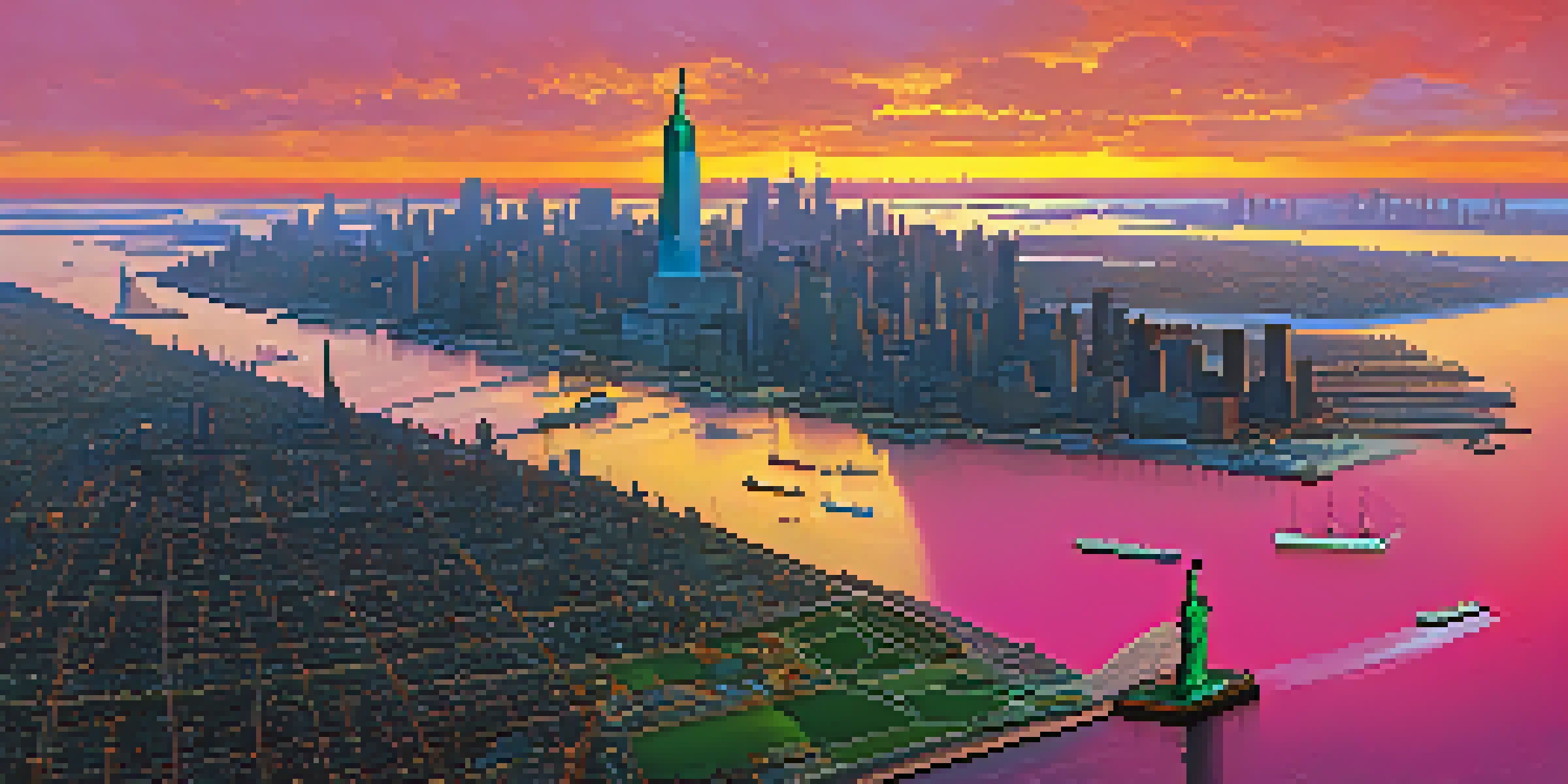 Aerial view of the Statue of Liberty at sunset, with boats in the harbor and New York City skyline in the background.