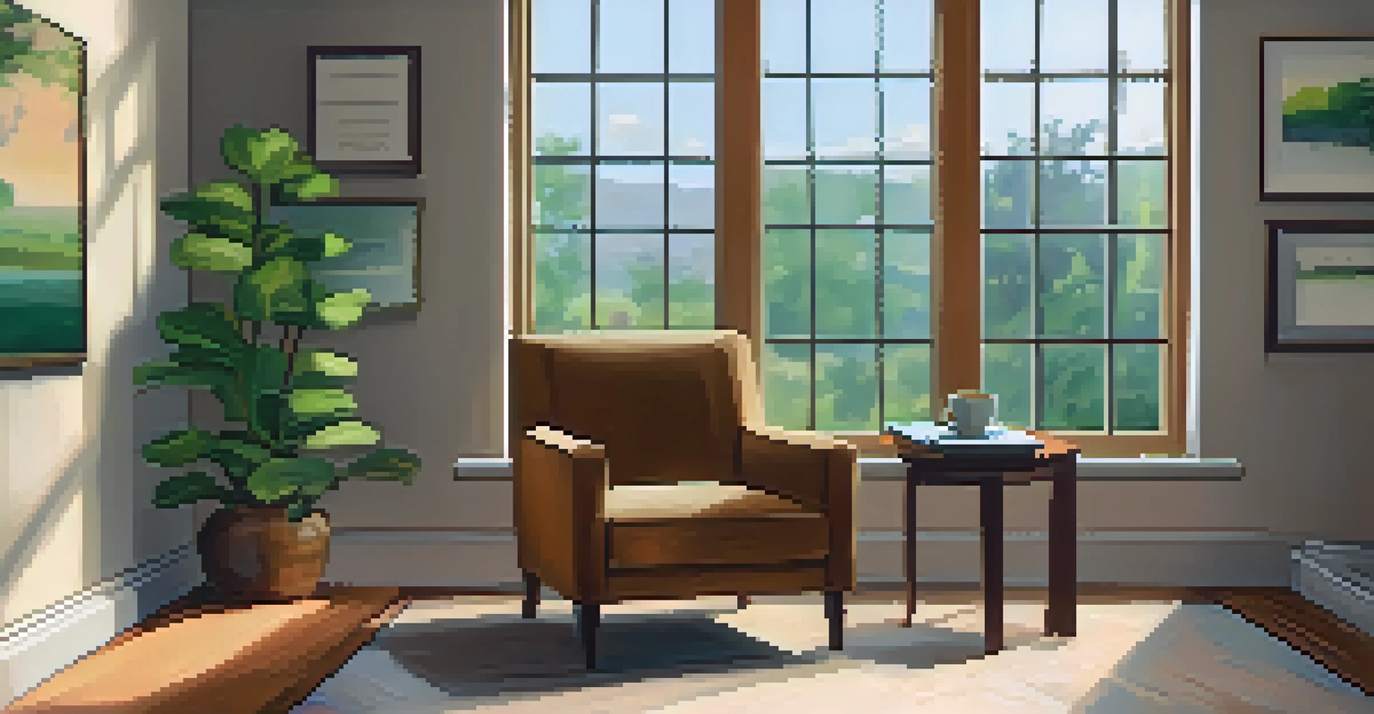 A cozy therapist's office with warm lighting and comfortable furniture, creating a welcoming atmosphere.