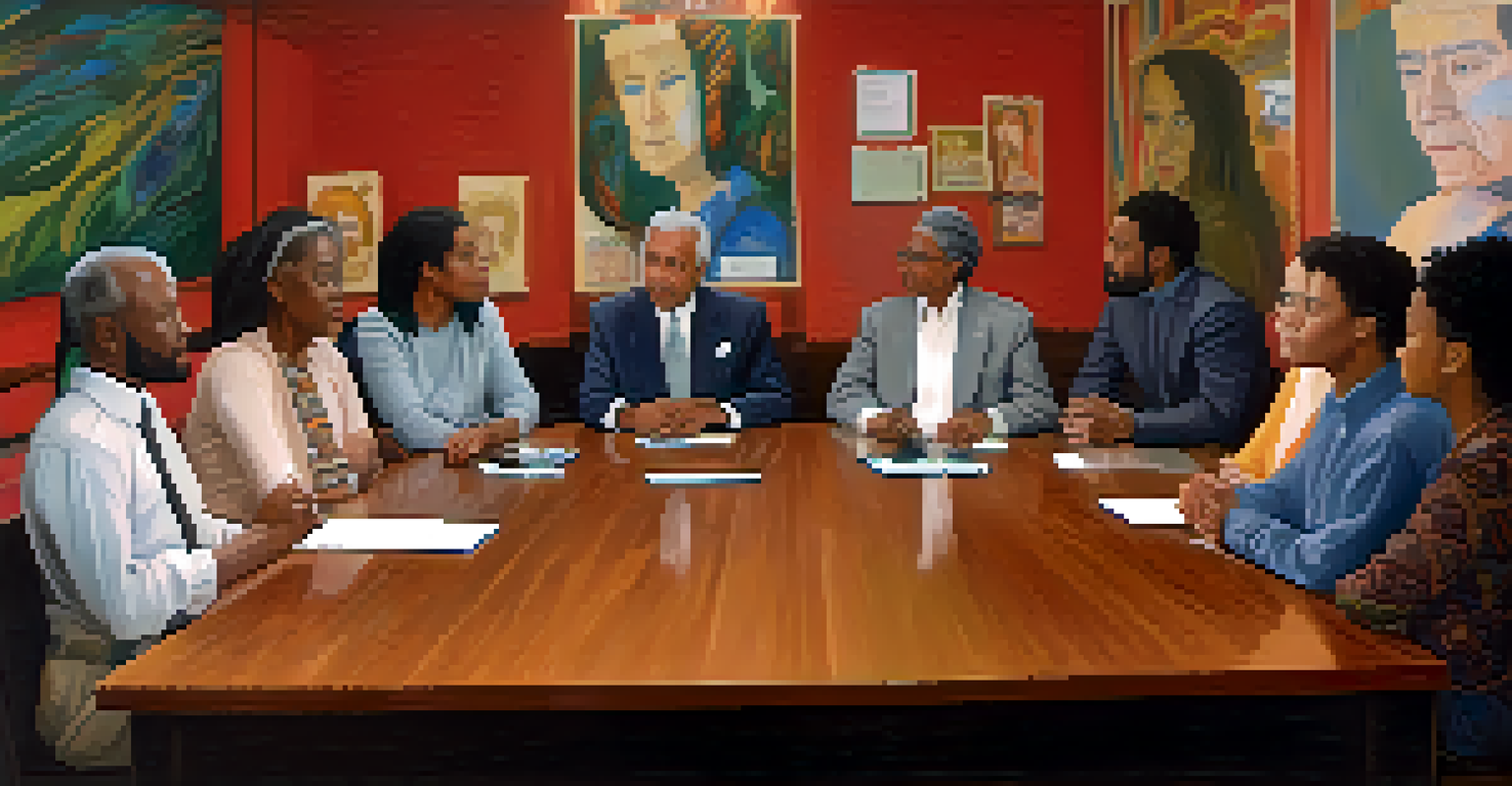 A small community board meeting in NYC with residents discussing local issues, warmly lit with engaged expressions and a projector in the background.