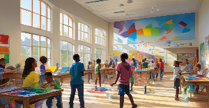 A lively community center where diverse young people are participating in various activities, showcasing creativity and teamwork.