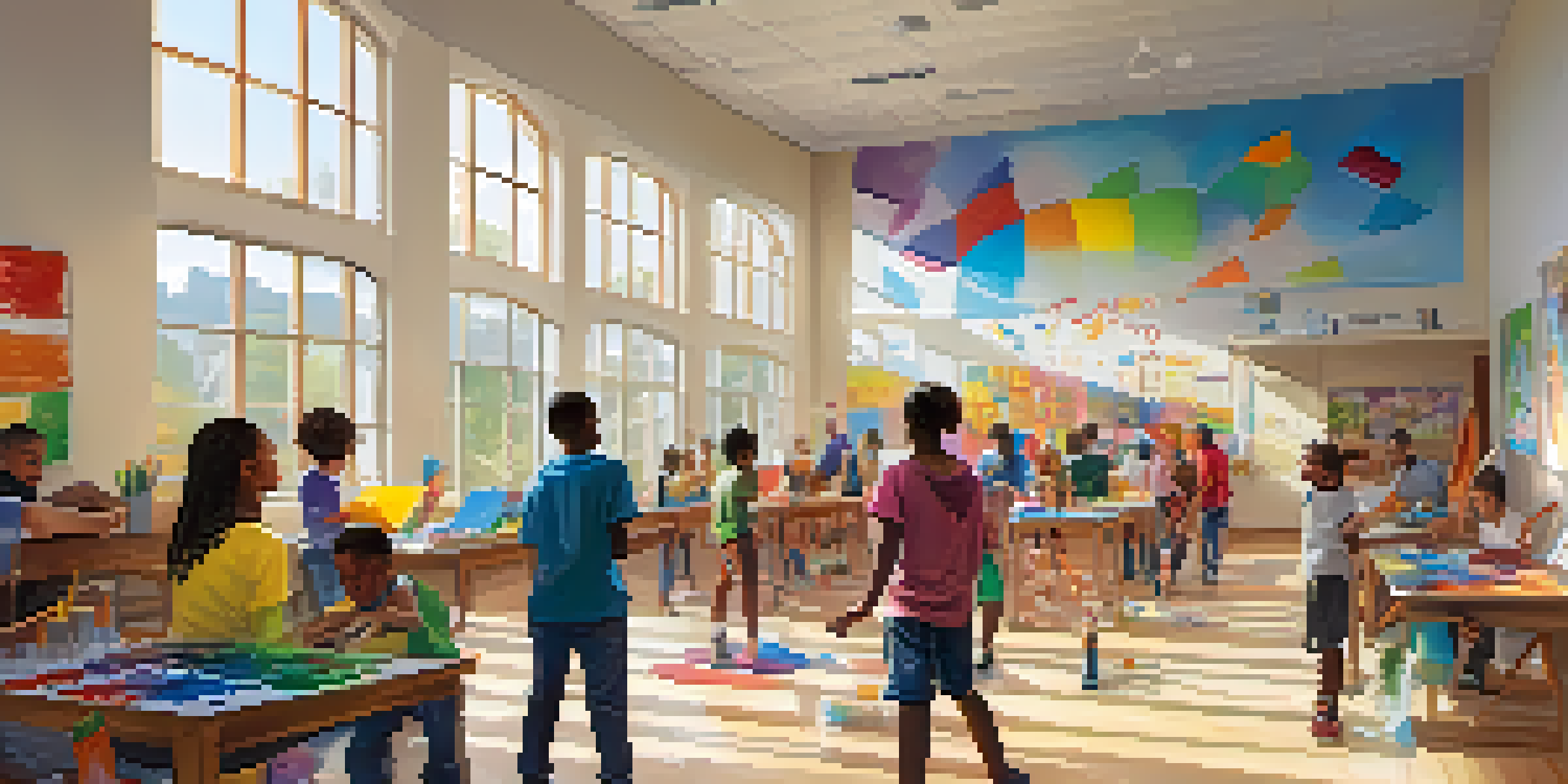 A lively community center where diverse young people are participating in various activities, showcasing creativity and teamwork.