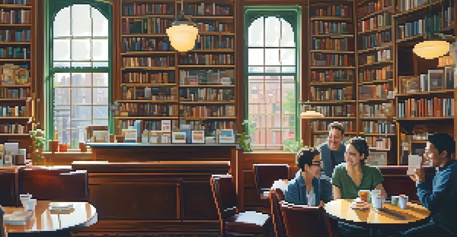 A warm and inviting cafe in New York City with patrons conversing in multiple languages, surrounded by bookshelves filled with multilingual books.