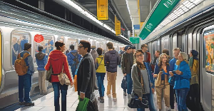 A busy New York City subway station with diverse commuters, bright digital signage, and vibrant advertisements.