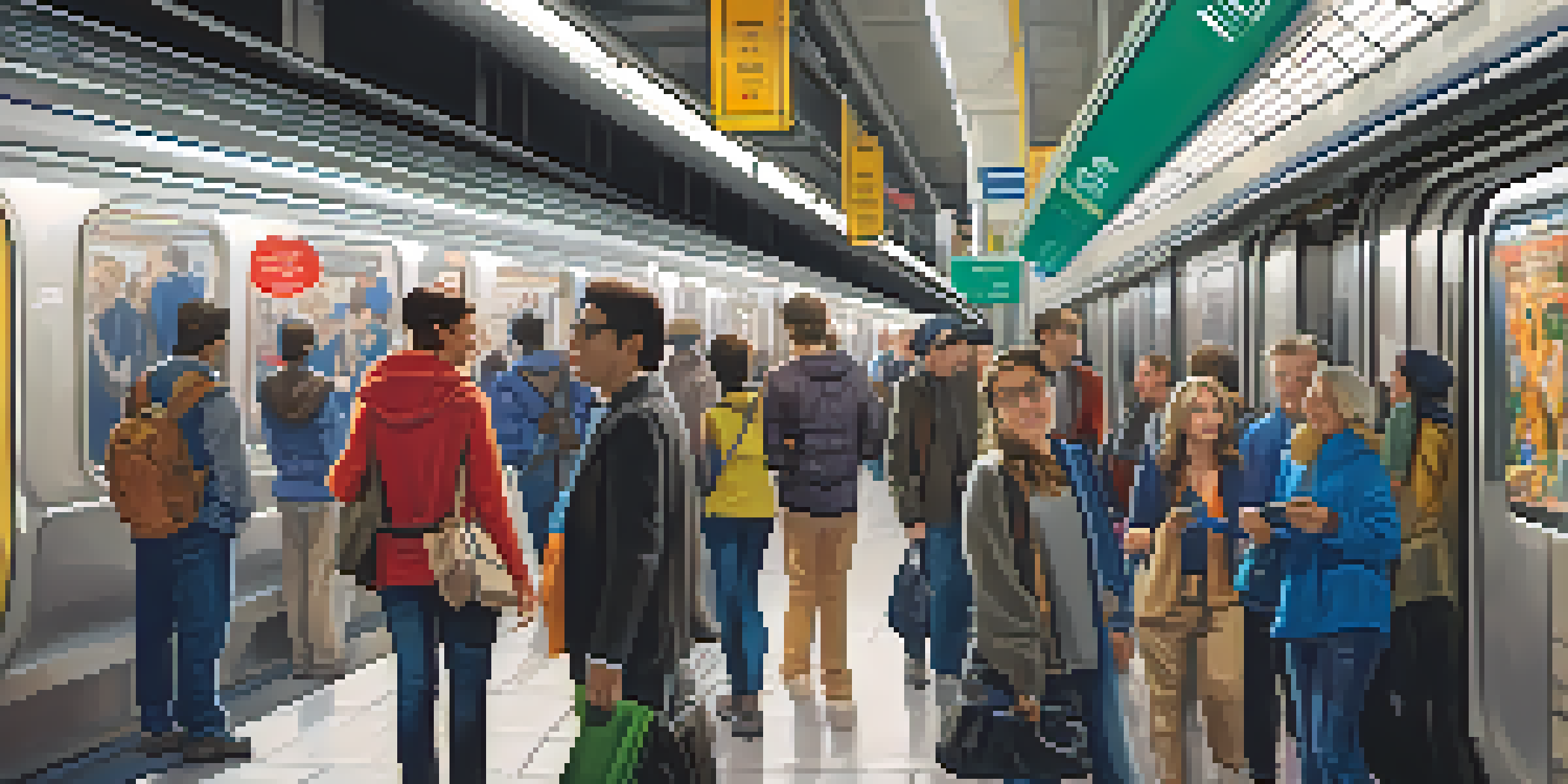 A busy New York City subway station with diverse commuters, bright digital signage, and vibrant advertisements.