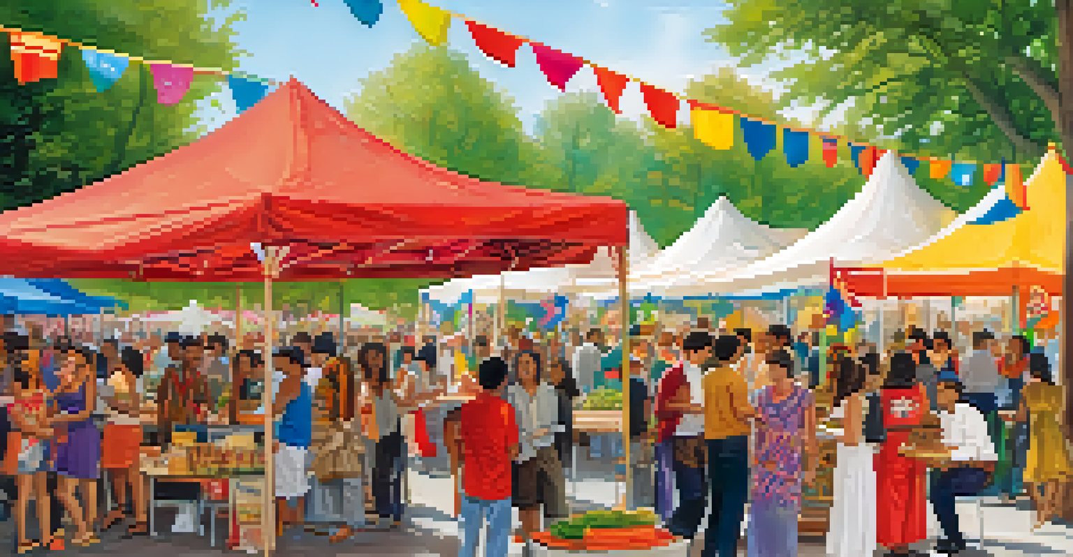A vibrant outdoor festival at a library showcasing cultural performances and food stalls, with diverse attendees enjoying the event.