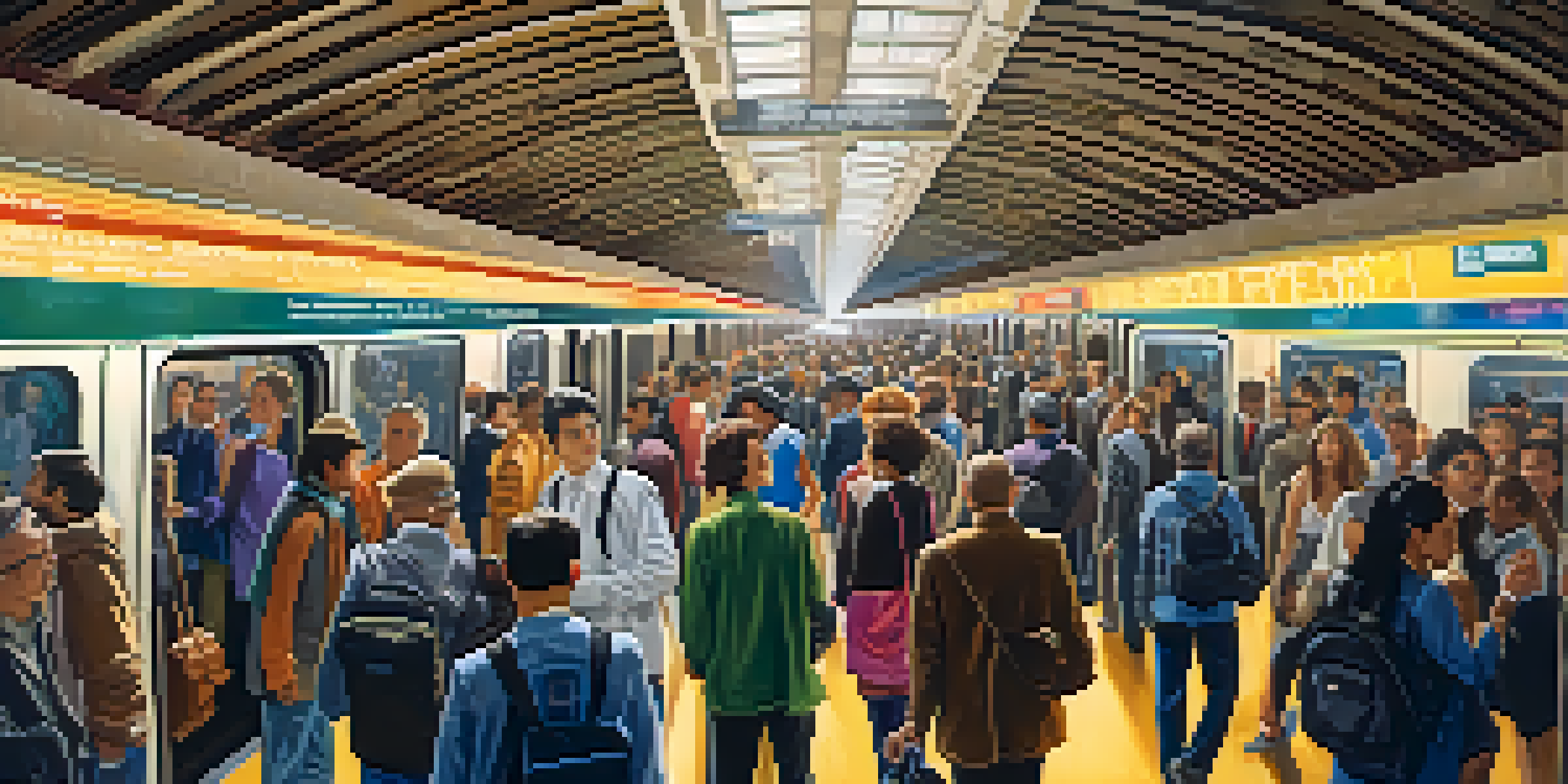 A lively New York City subway station crowded with commuters of different backgrounds, showcasing the vibrant atmosphere and architectural details.