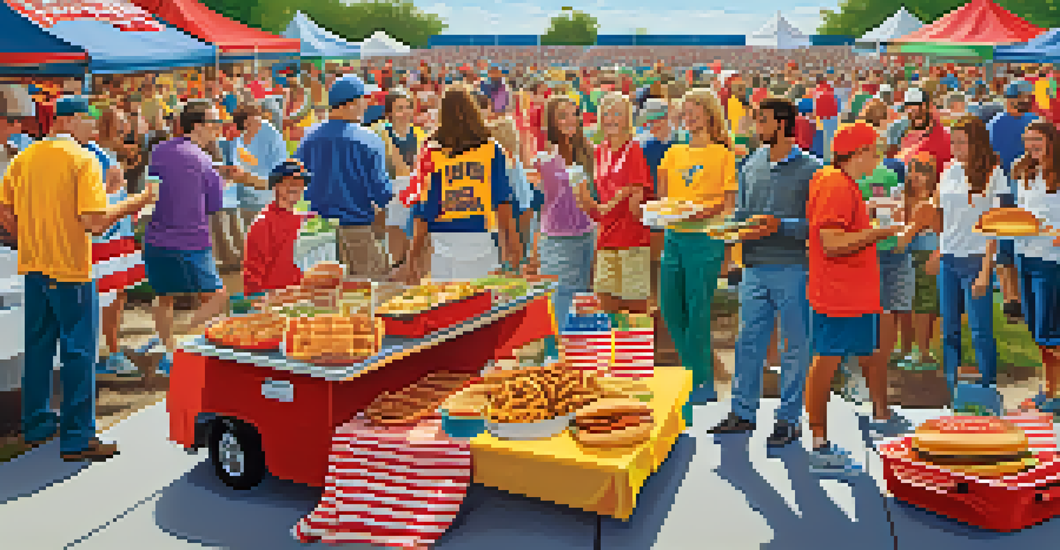 A lively tailgate party in a parking lot, with fans grilling food and displaying team colors, set against the backdrop of a stadium.
