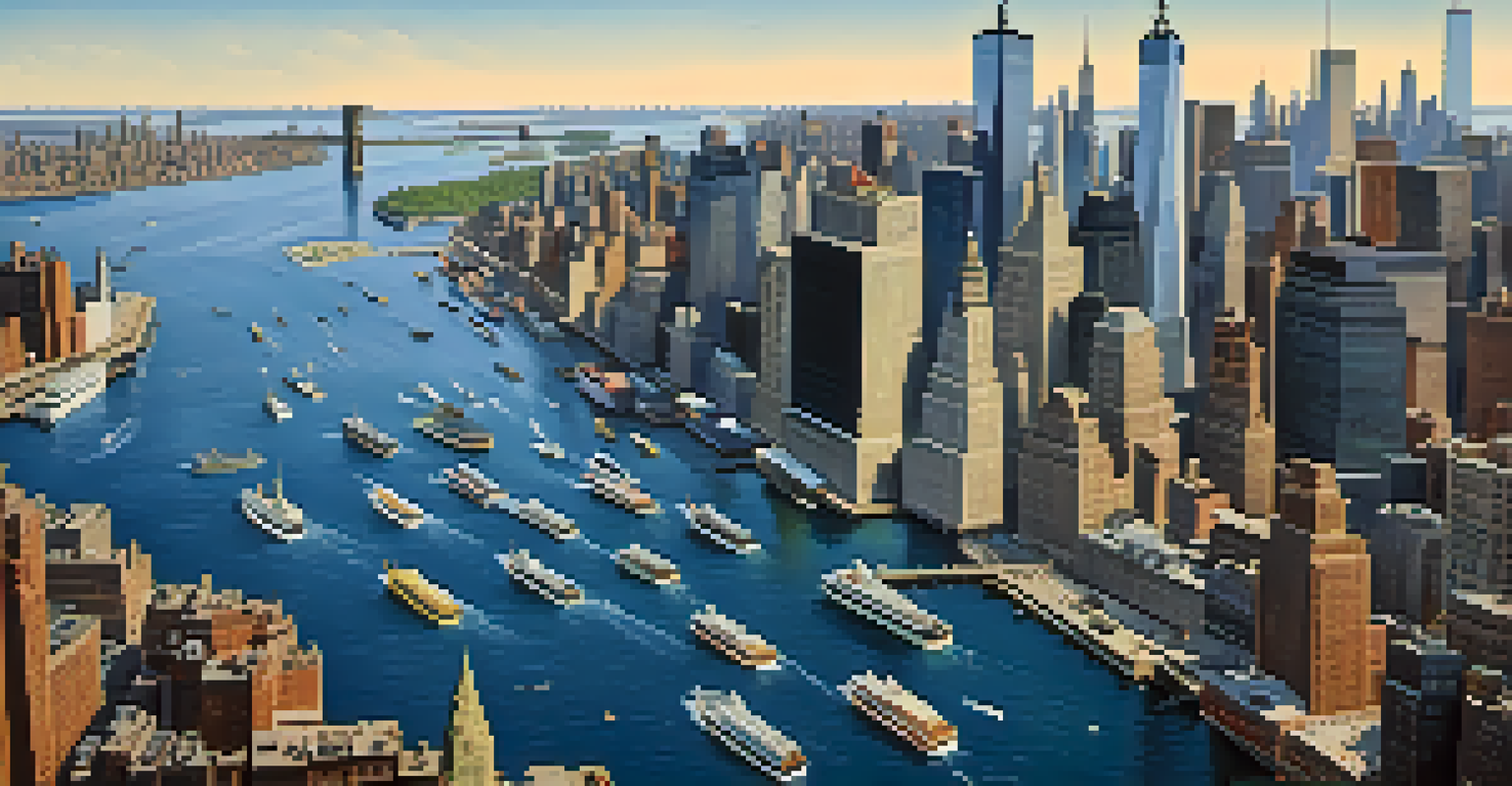 An aerial view of the NYC harbor filled with ferries and water taxis against the city skyline.