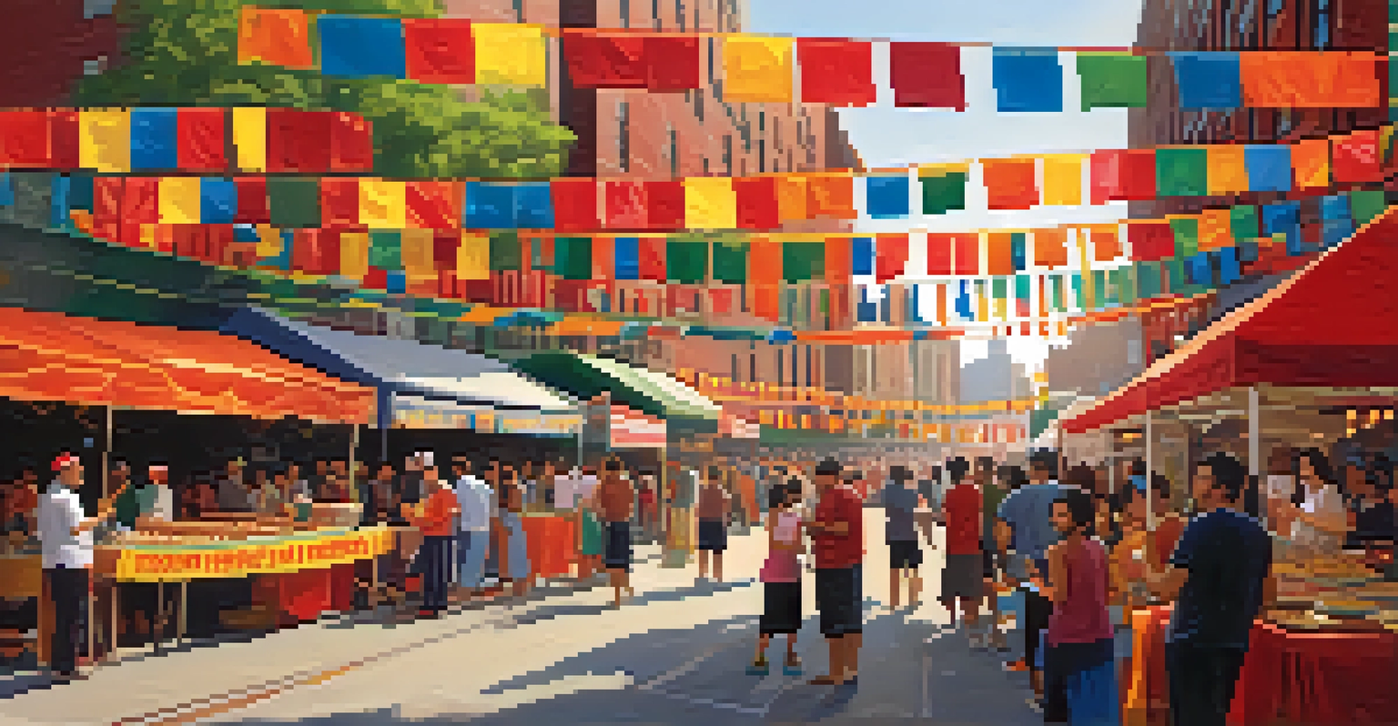 A vibrant community festival in New York City with food stalls, cultural decorations, and people dancing, illuminated by warm afternoon light.