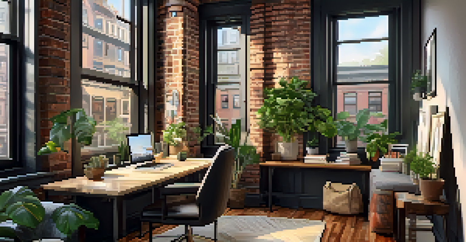 A modern home office in Brooklyn with natural light, plants, and a view of the street.