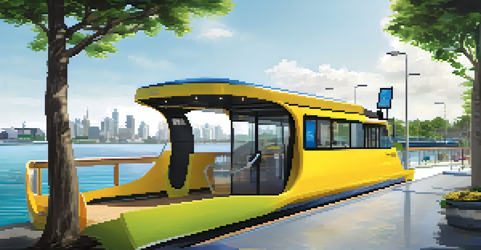 A modern water taxi at a terminal with accessible features and greenery in the background.