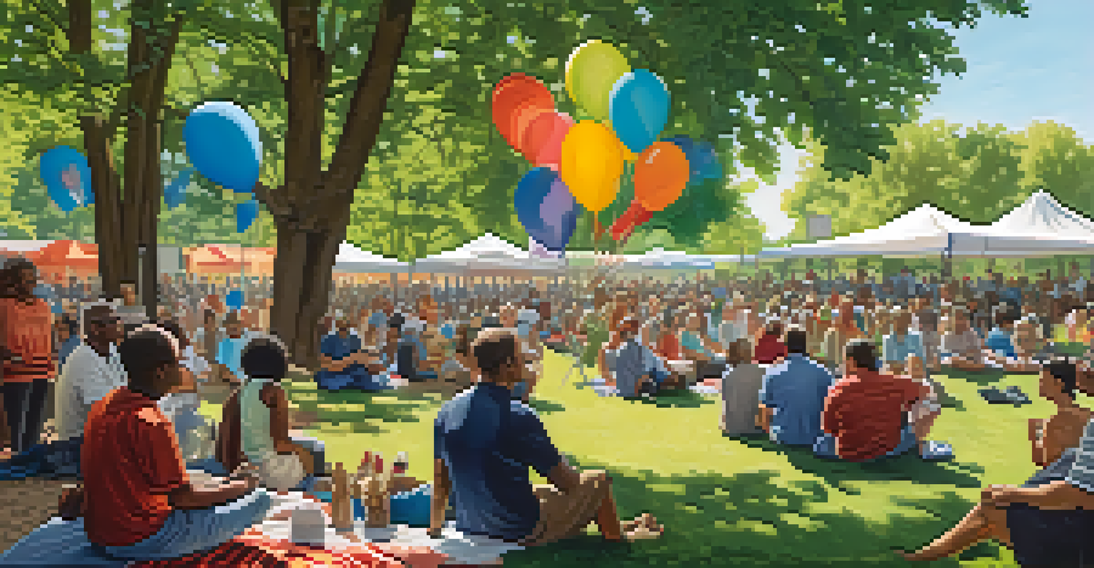 A town hall meeting in a park with diverse residents listening to a local official, surrounded by trees and festive decorations.