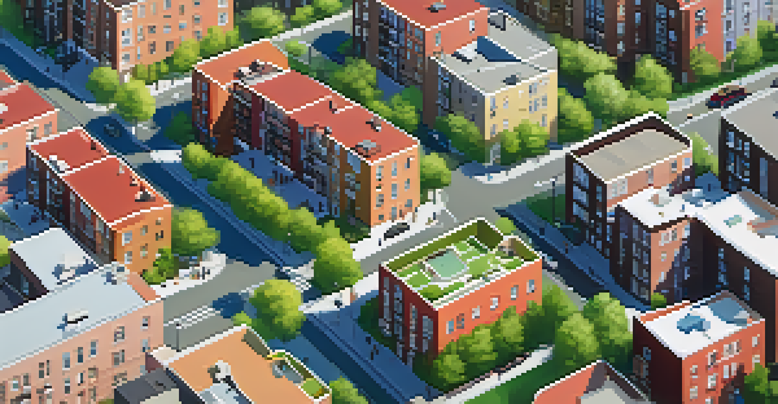 Aerial view of a mixed-income housing project in Brooklyn with colorful buildings and green spaces.