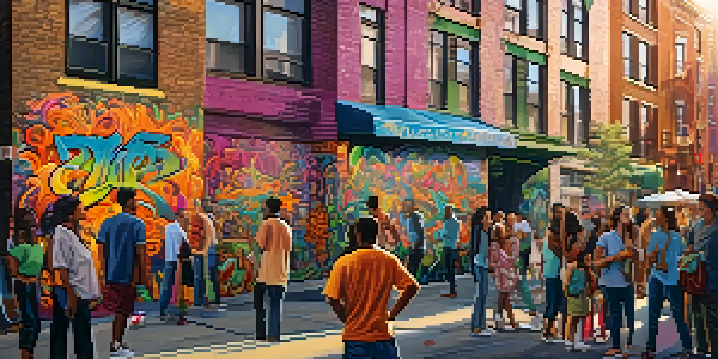 A diverse group of people admiring a colorful graffiti mural on a New York City street during golden hour.